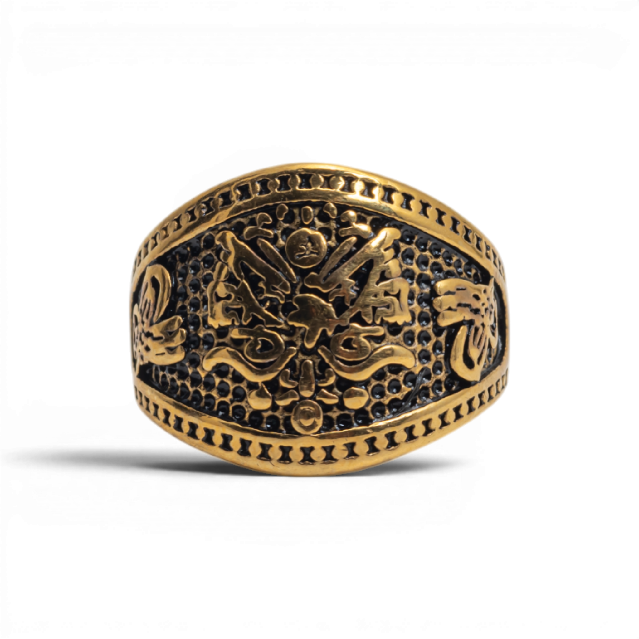 Antiqued Gold-Tone Calligraphy Motif Statement Ring