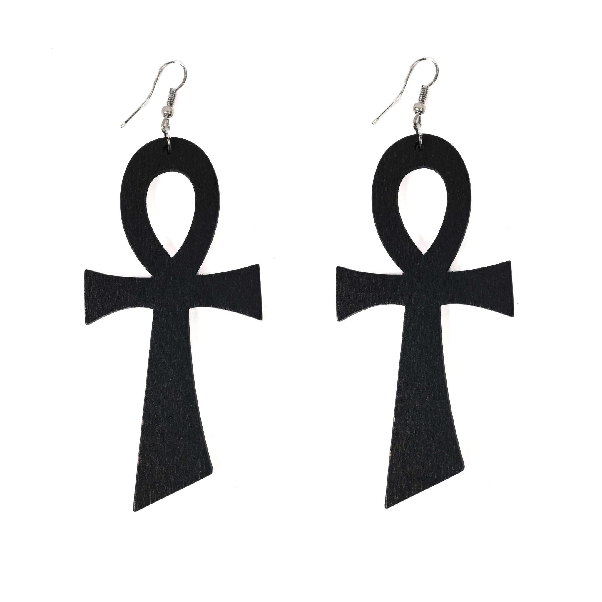 Black Egyptian Ankh Wooden Drop Earrings