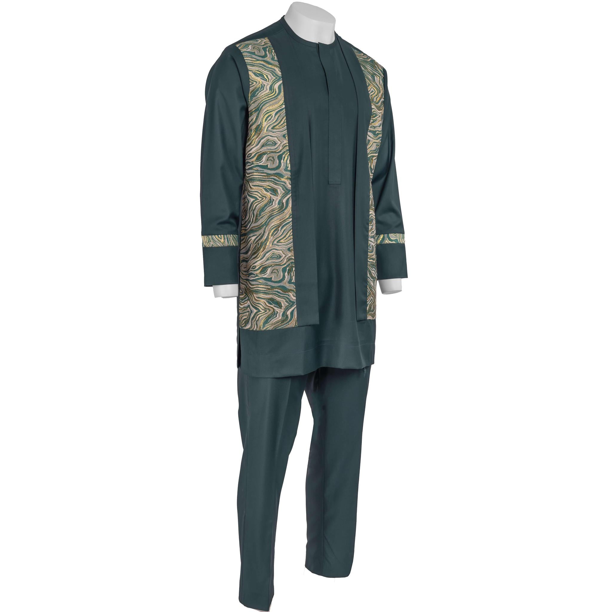 Green Brocade Panel Pant Set