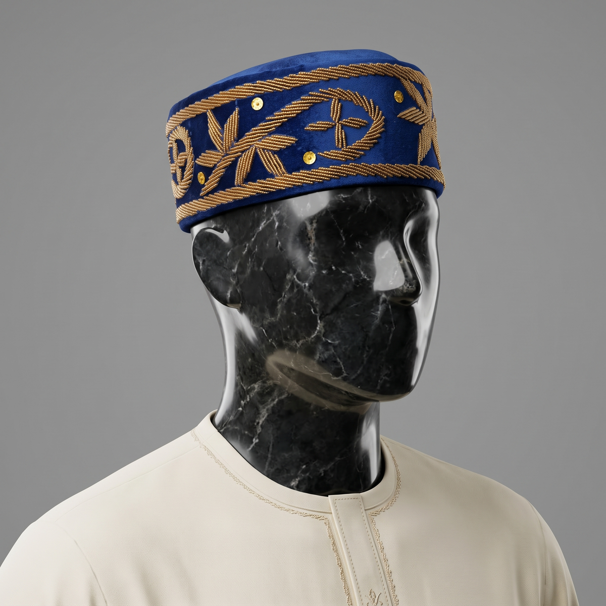 Hand-Beaded Nigerian Blue & Gold Velvet Cap