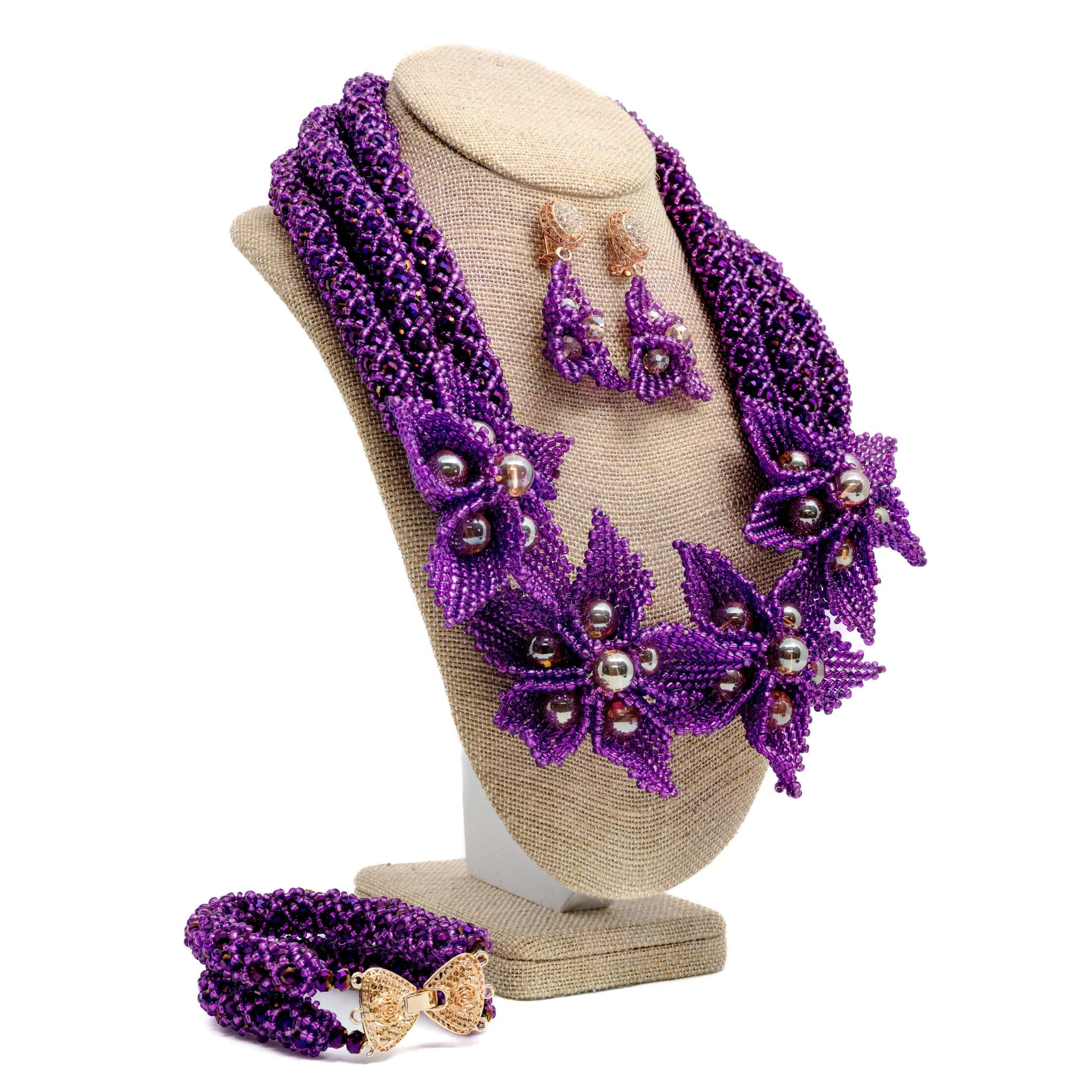 Purple Floral Beaded Necklace Set