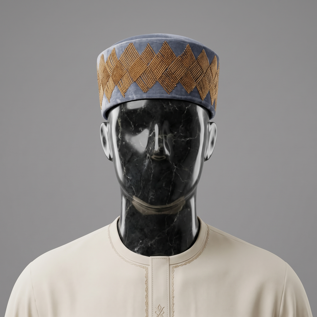Hand-Beaded Nigerian Grey & Gold Velvet Cap