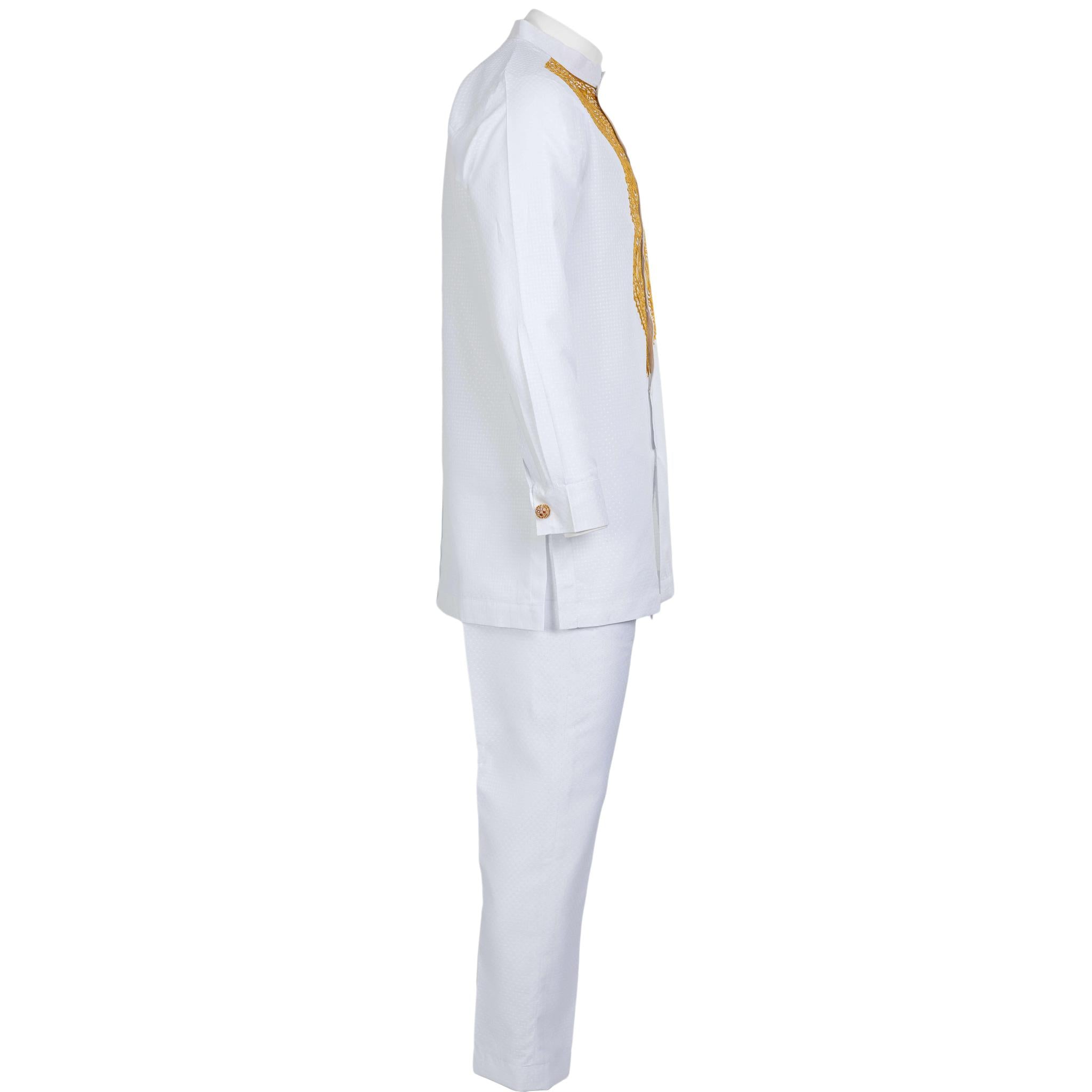 White And Gold Band Collar Long Sleeve Set