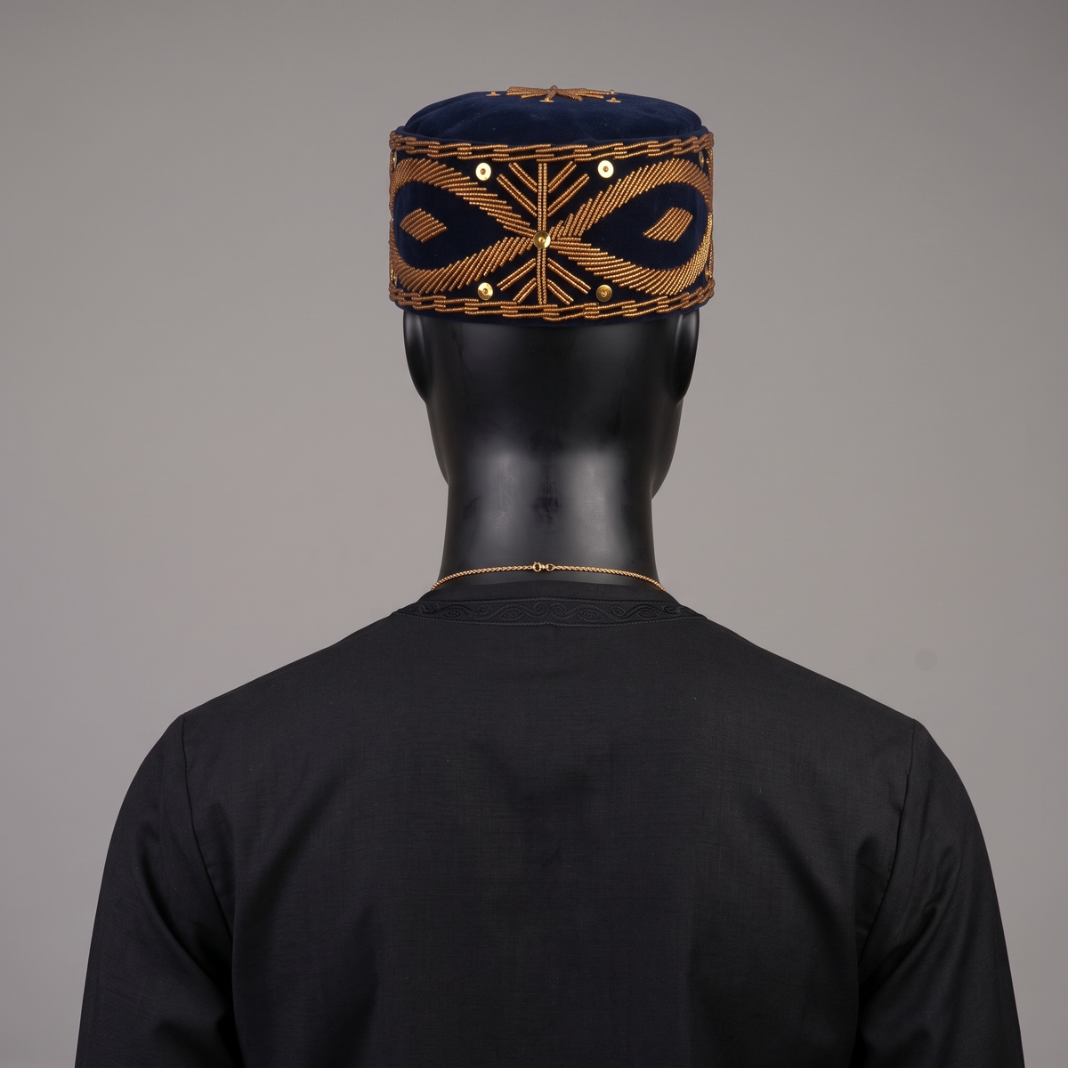 Handcrafted Midnight Navy Velvet Cap with Geometric Gold Beadwork & Sequins