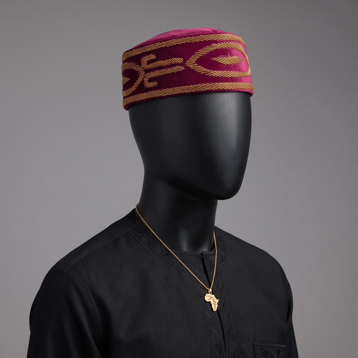 Hand-Beaded Nigerian Burgundy Velvet Cap