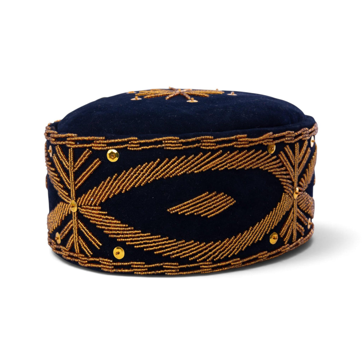 Handcrafted Midnight Navy Velvet Cap with Geometric Gold Beadwork & Sequins