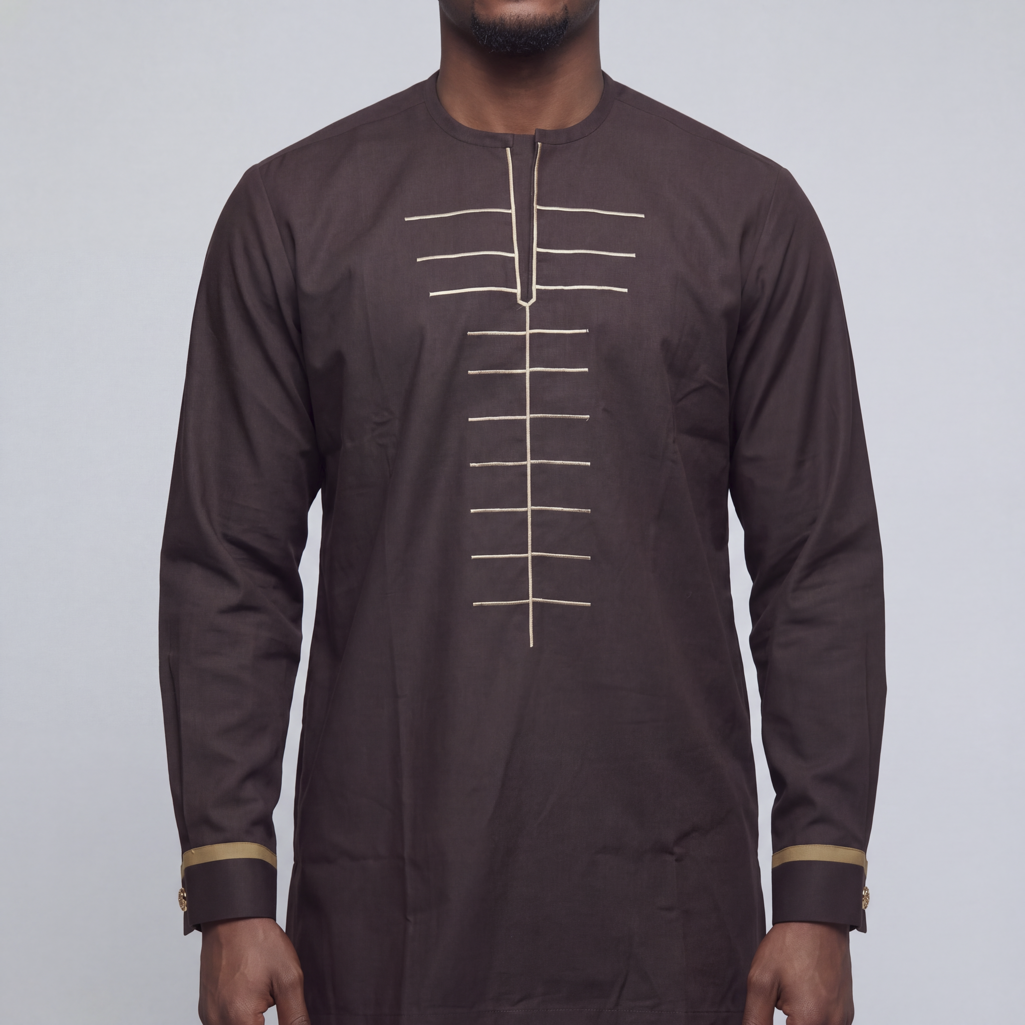 Dark Brown & Gold Embroidered Long-Sleeve Set