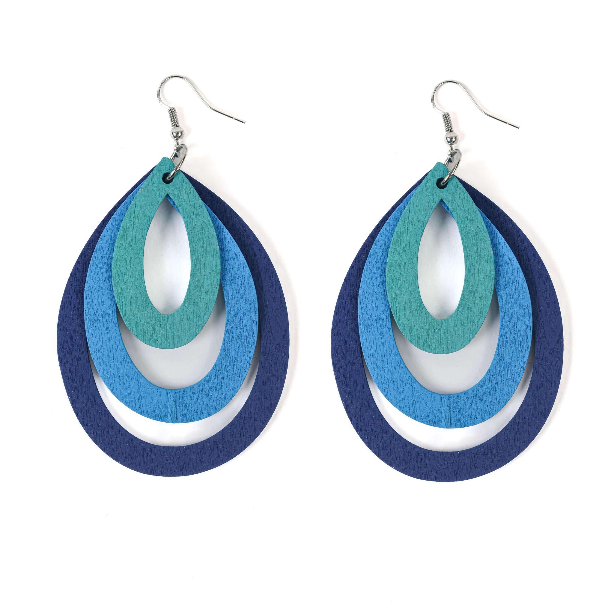 Shades of Blue Triple Oval Wooden Drop Earrings