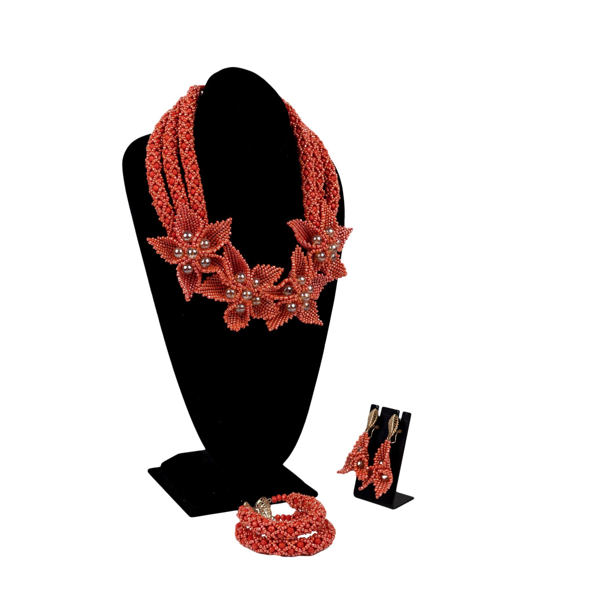 Peach Floral Beaded Necklace Set