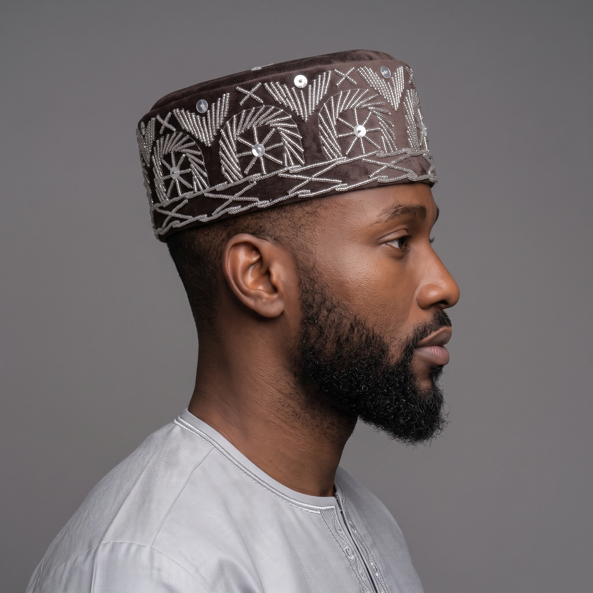 Brown Velvet Beaded Cap