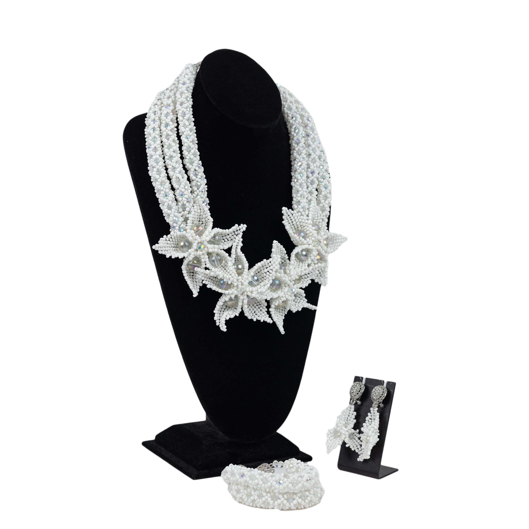Winter Blossom: Woven White & Crystal Floral Jewelry Set