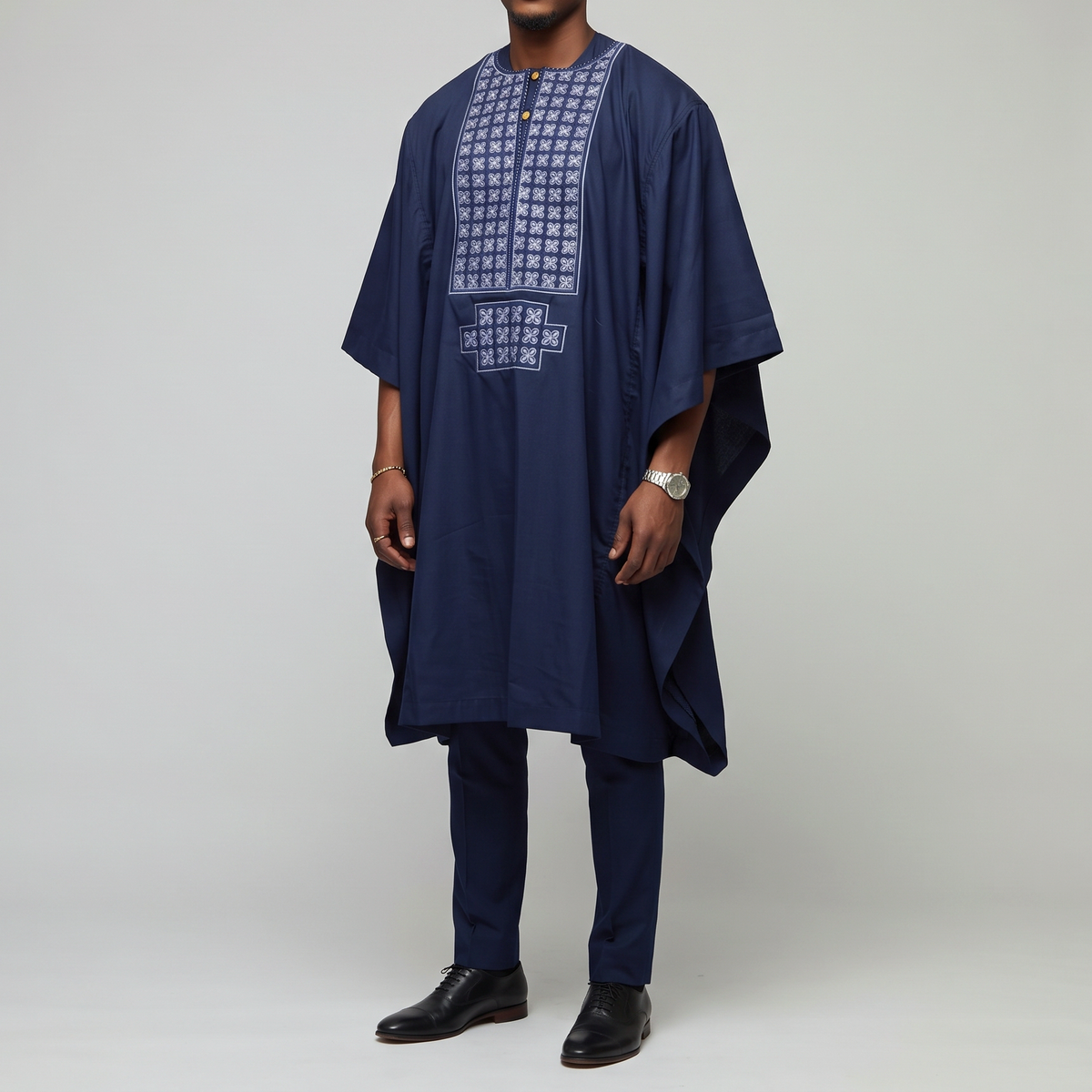 Navy Blue 3-Piece Embroidered Agbada Suit