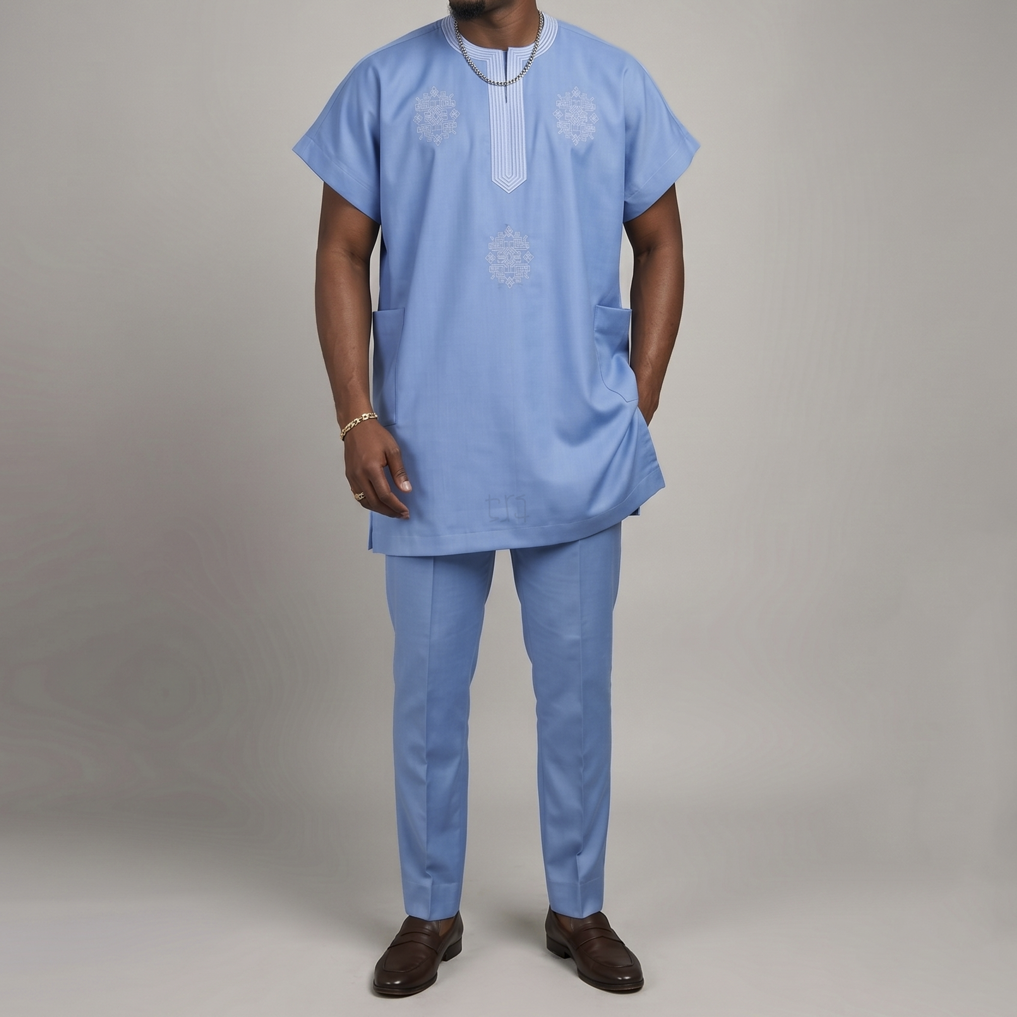 Light Blue Men's Embroidered Nigerian Cotton Tunic and Trousers Set w/Hat