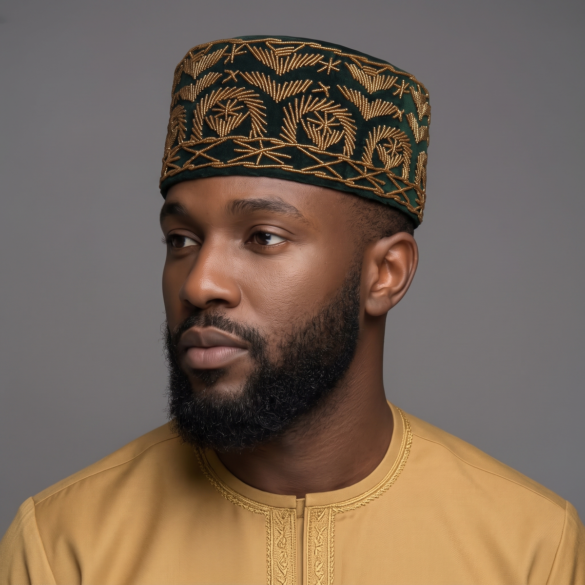 Forest Green Velvet Cap with Abstract Gold Beaded Motif