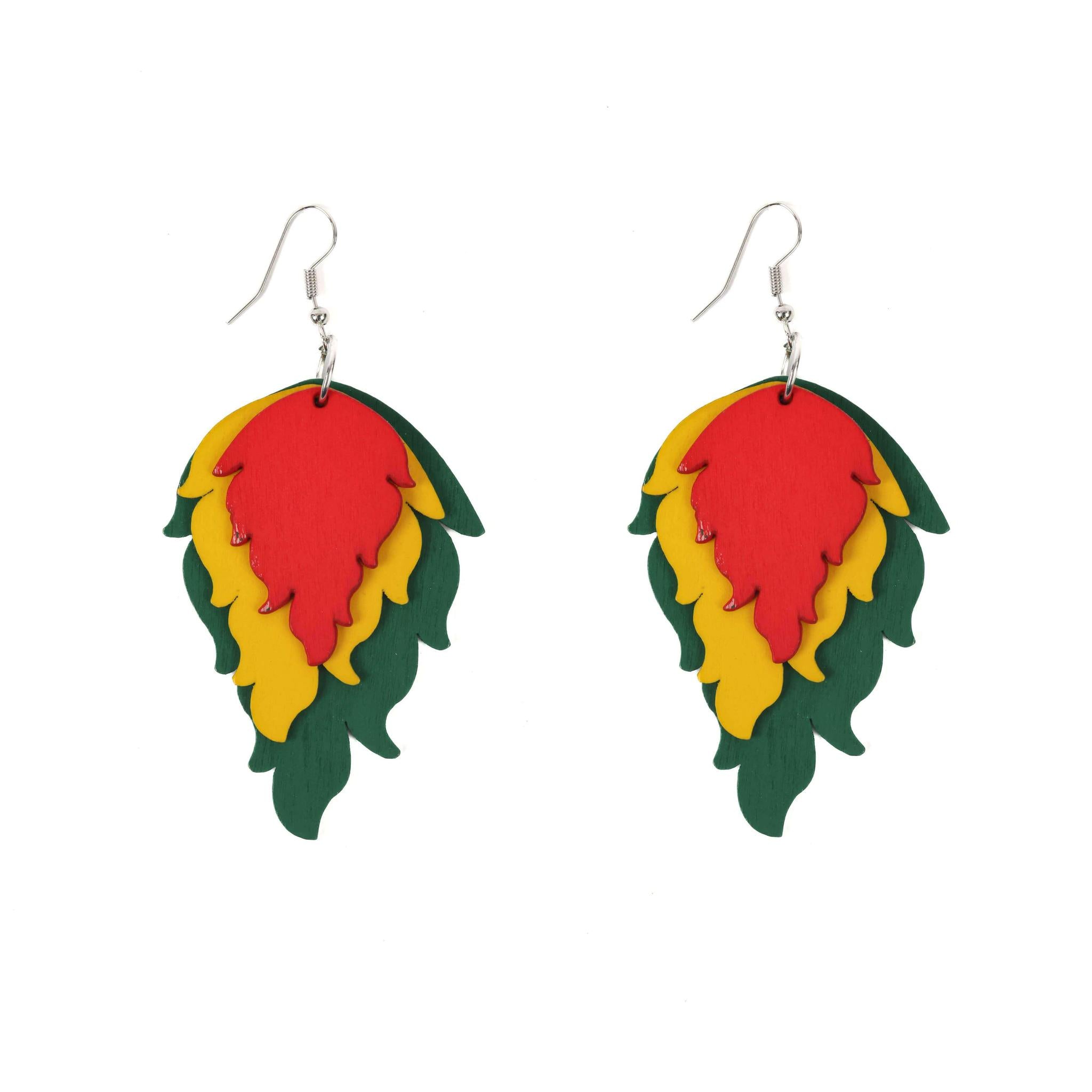 Rasta Wooden Drop Earrings - Flame Shape