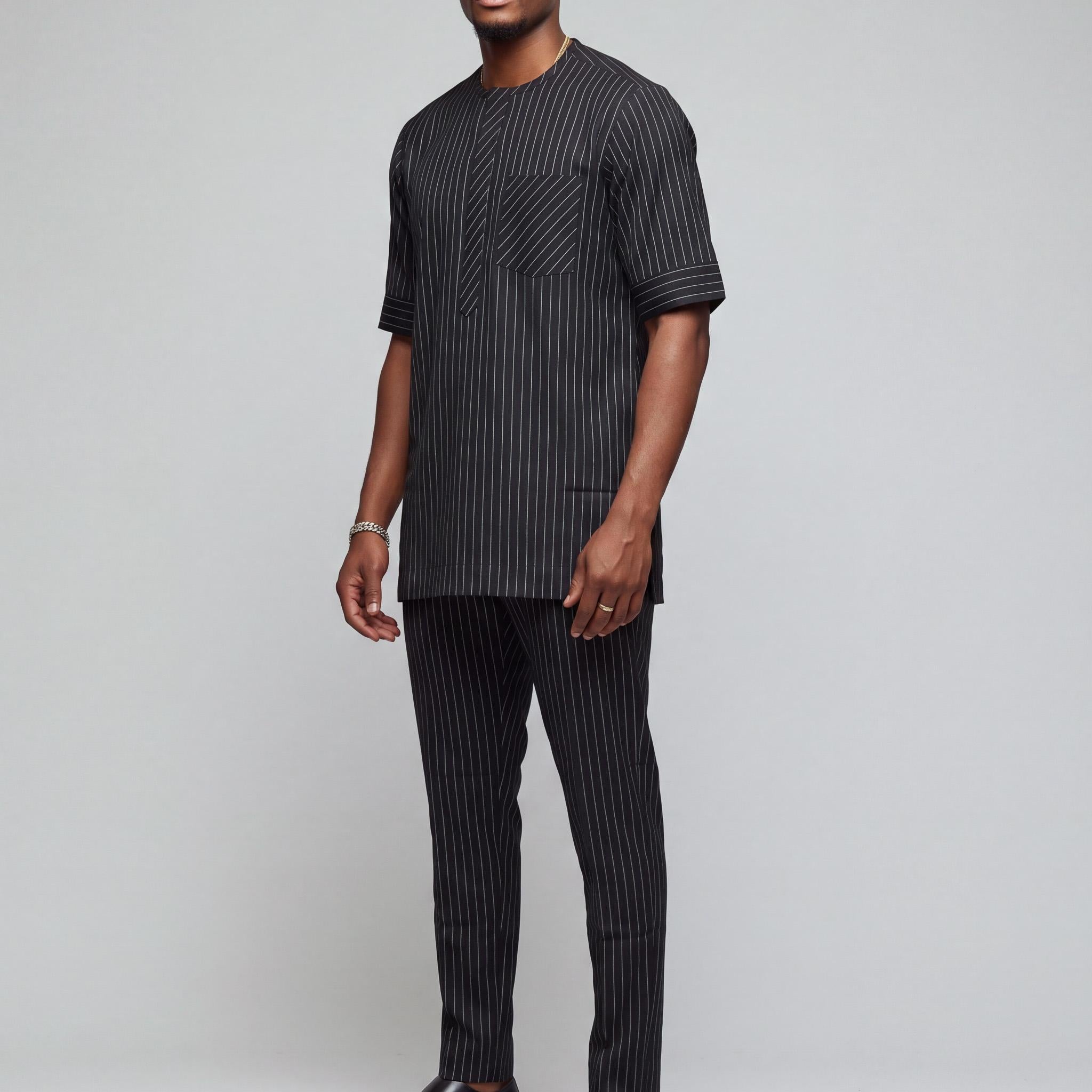Black & White Pinstripe Modern Two Step Agbada Set