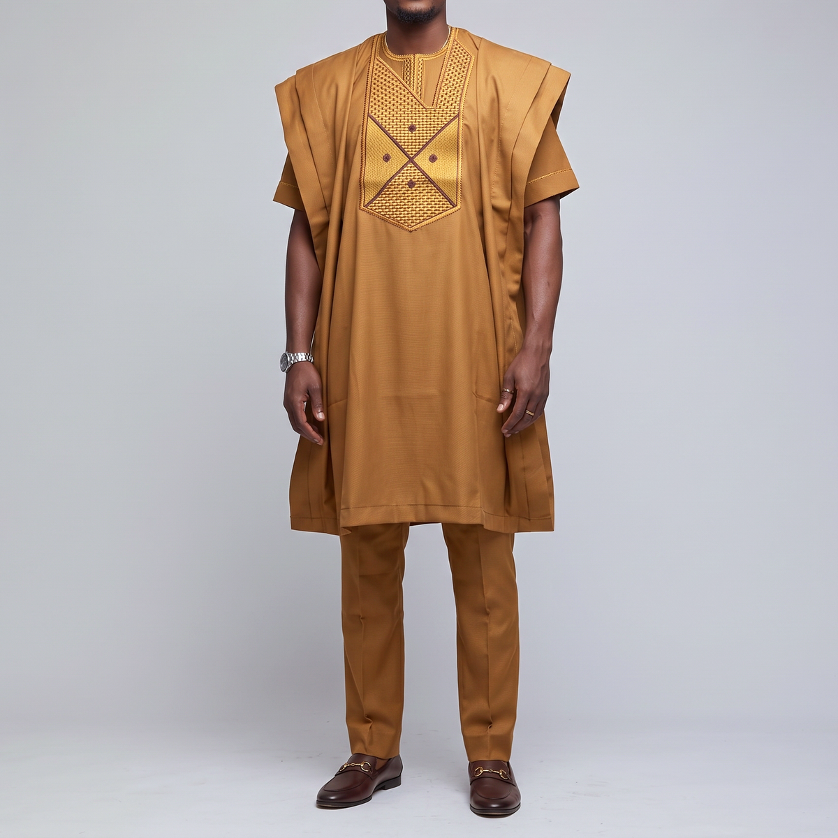 Regal Brown 3-Piece Embroidered Agbada Suit