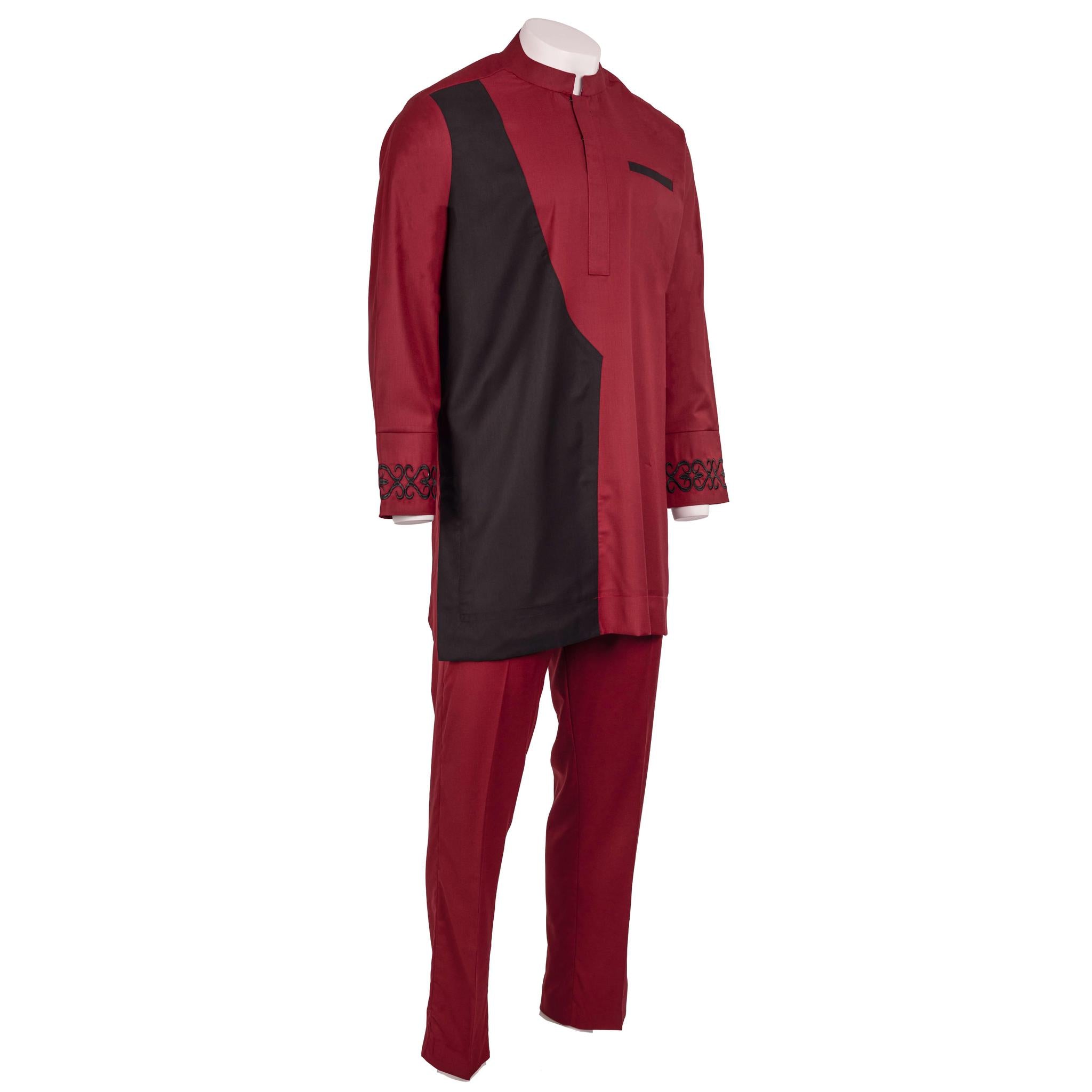 Wine & Black Mandarin Collar Pant Set