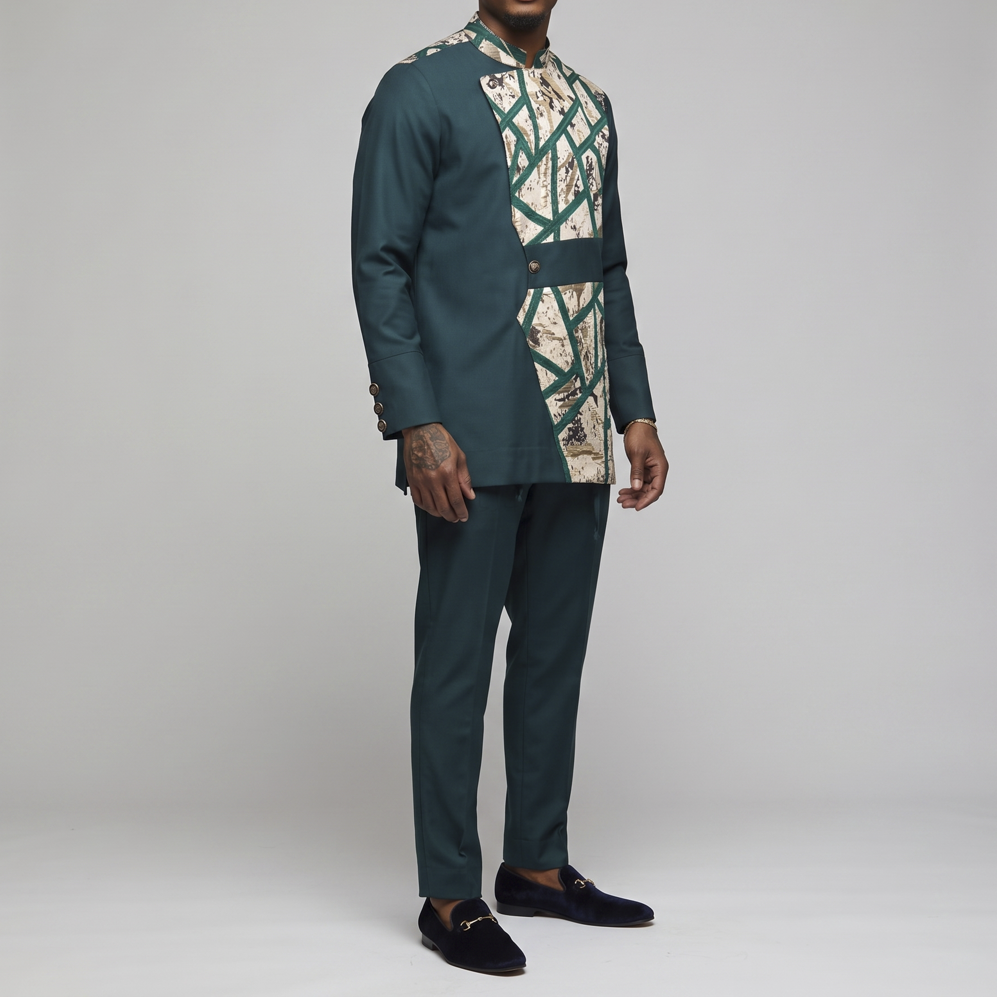 Green and Gold Mandarin Collar with Brocade Pant Set