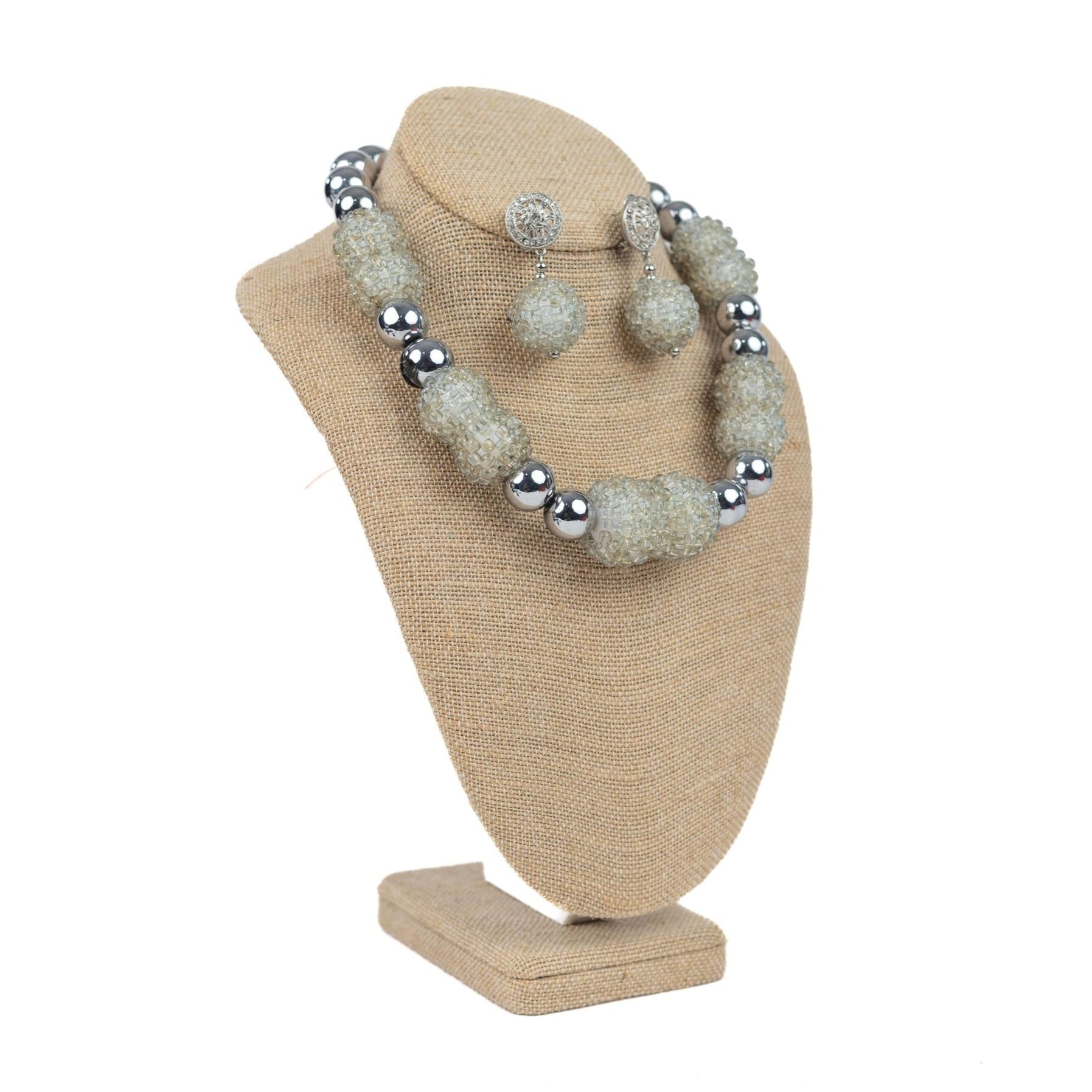 Silver Ball Elegant Frosted Crystal & Polished Silver Bead Jewelry Set