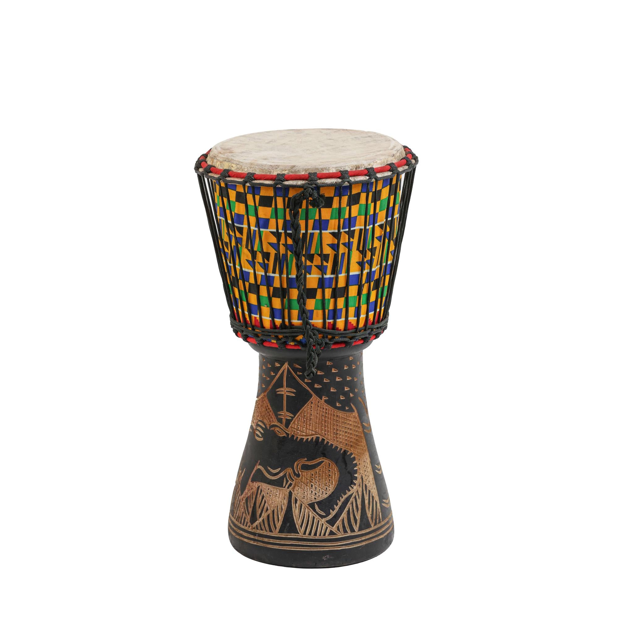 Kente Elephant Wood Carving - Djembe Drum - Small