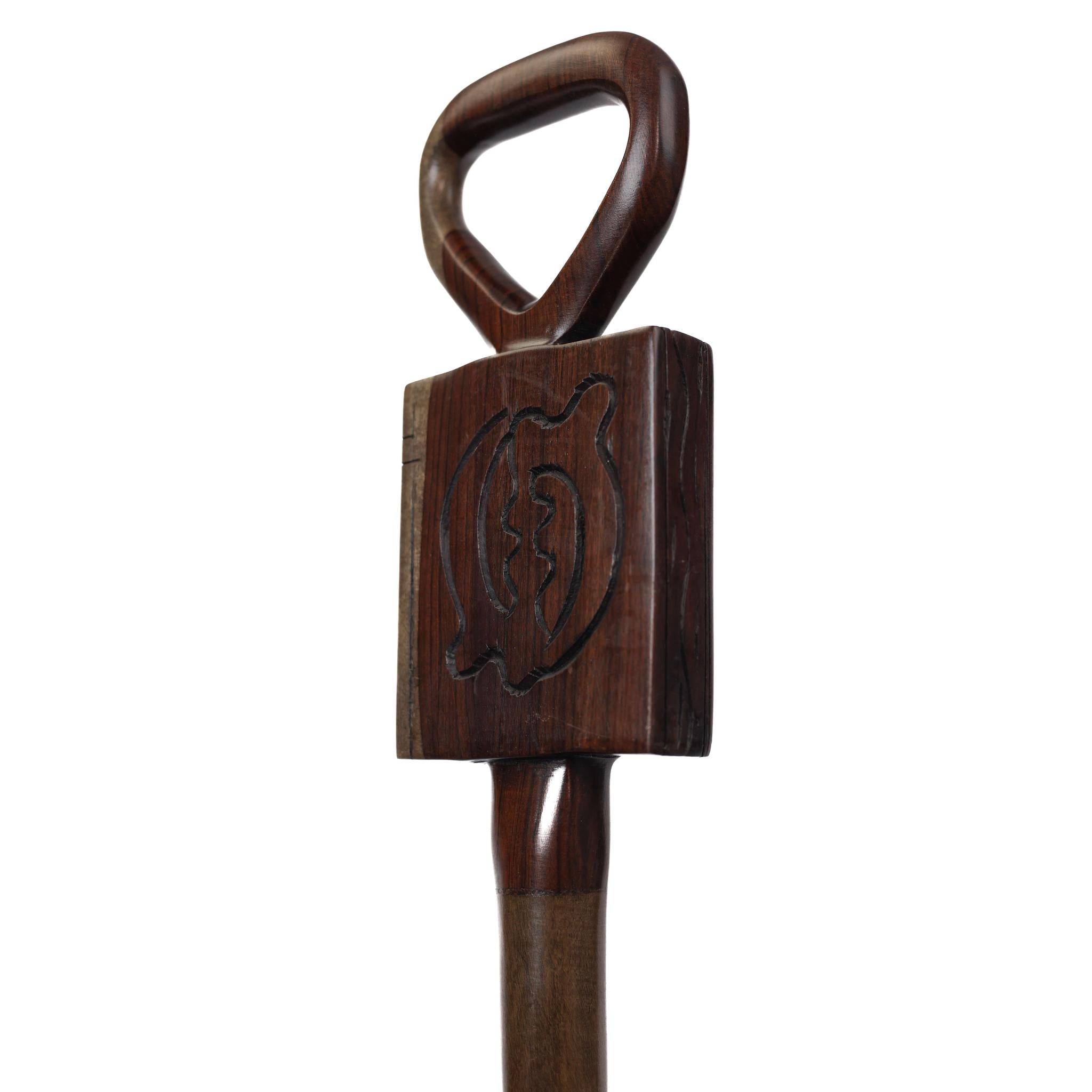 Hand-Carved Ghanaian Walking Stick Showcases Powerful Gye Nyame Symbol on a Book