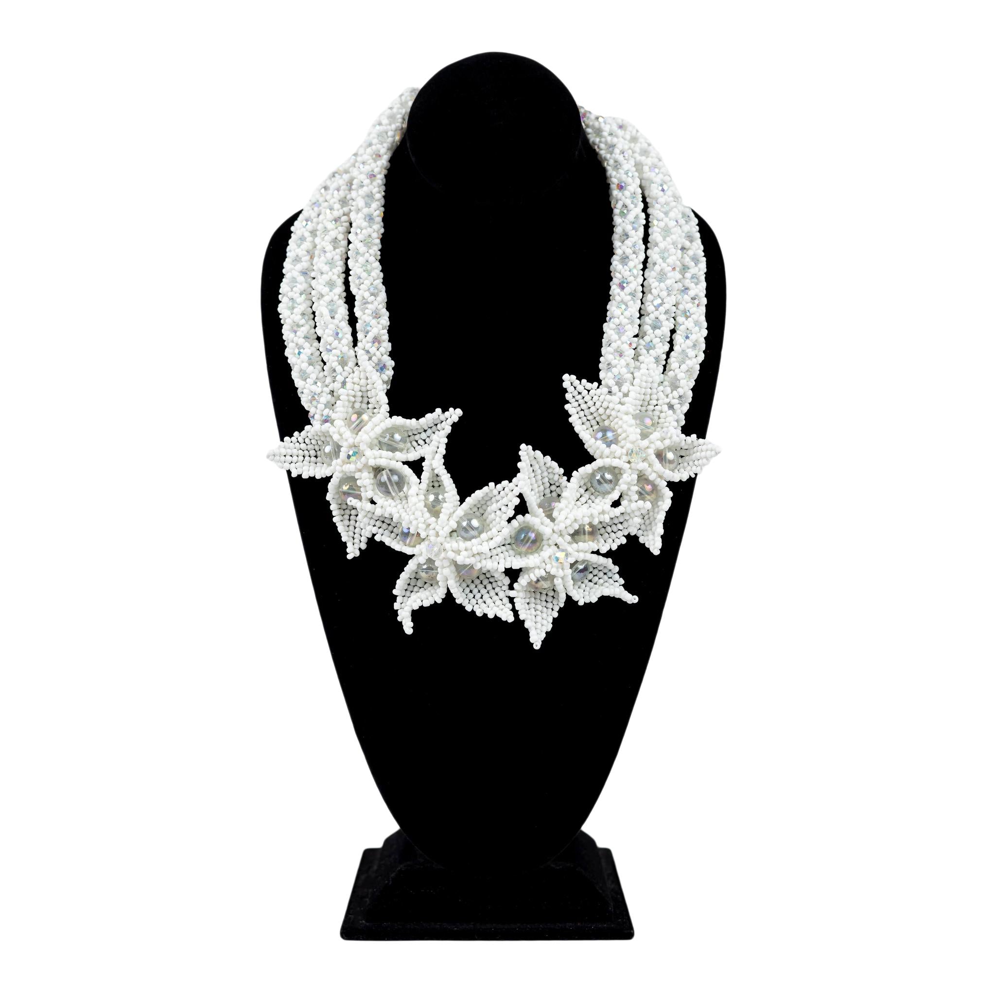 Winter Blossom: Woven White & Crystal Floral Jewelry Set