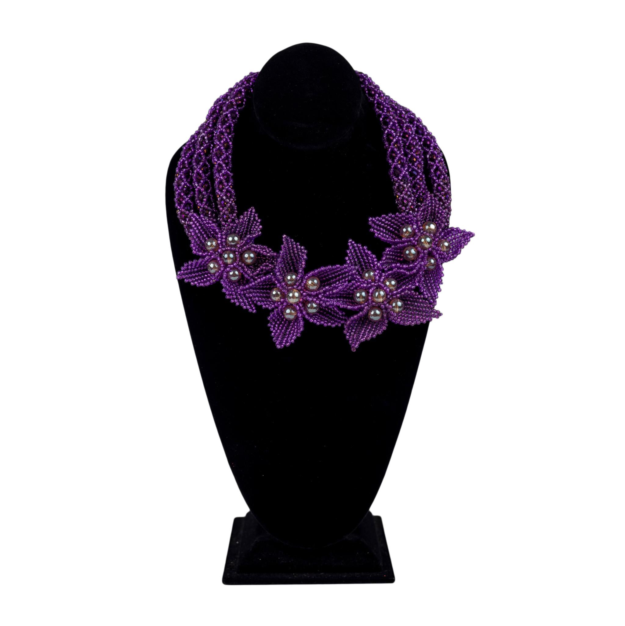 Purple Floral Beaded Necklace Set