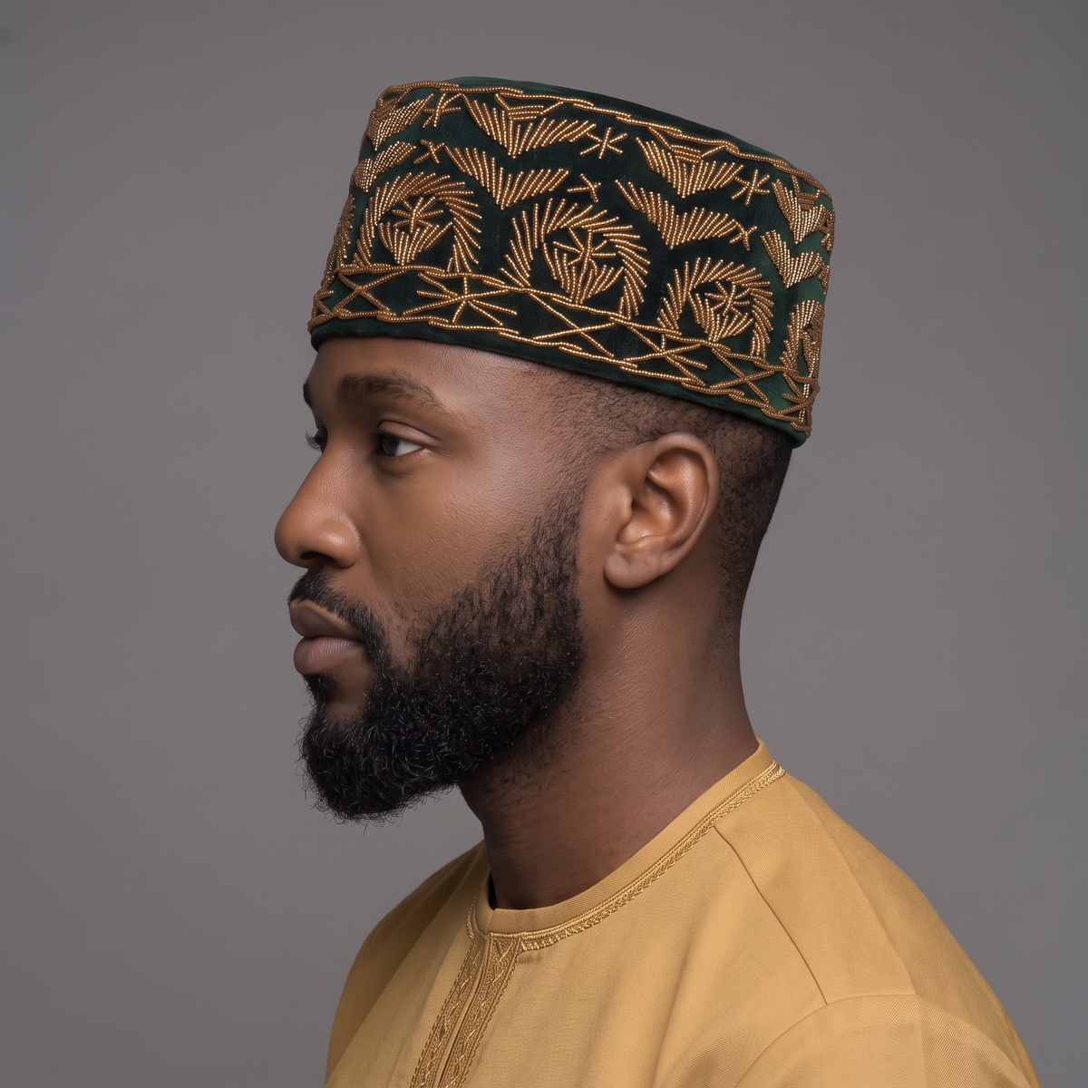 Forest Green Velvet Cap with Abstract Gold Beaded Motif
