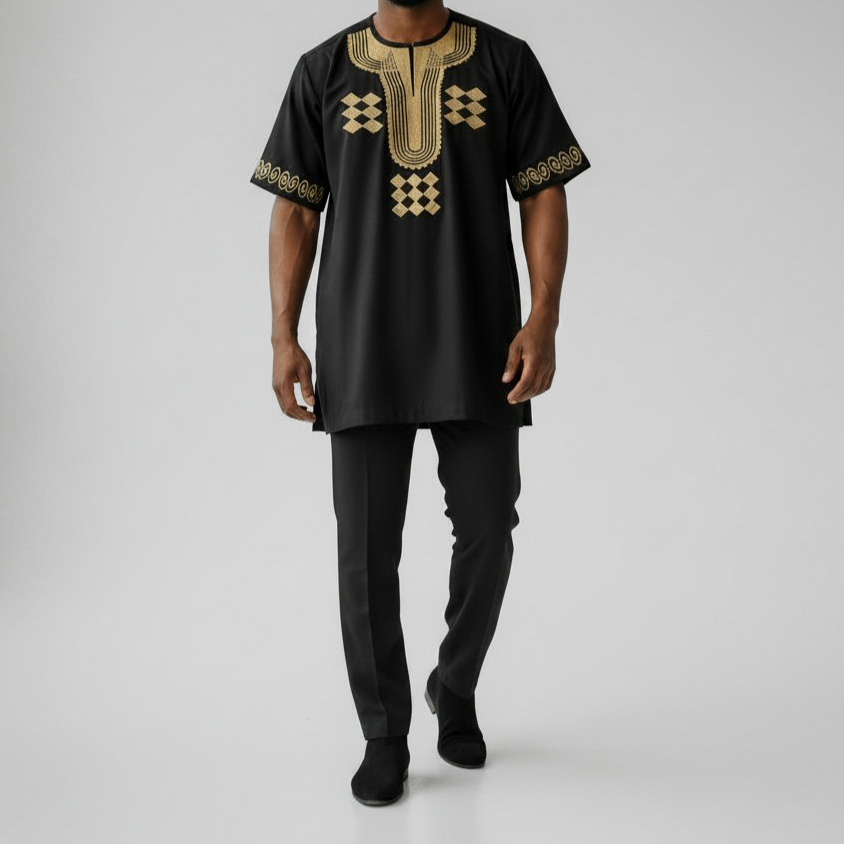 Black and Gold Embroidered Men's Linen Dashiki Senator Set