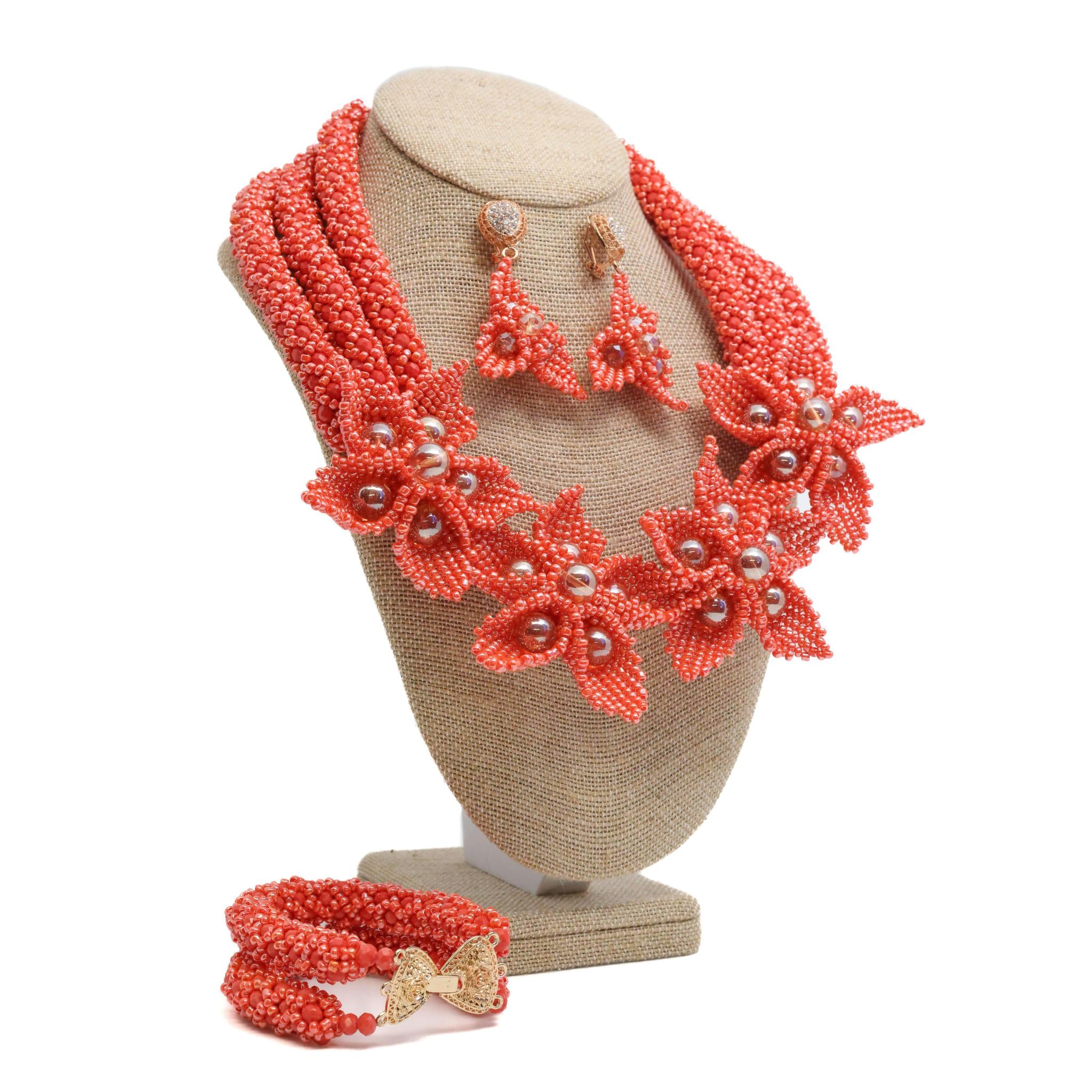 Peach Floral Beaded Necklace Set
