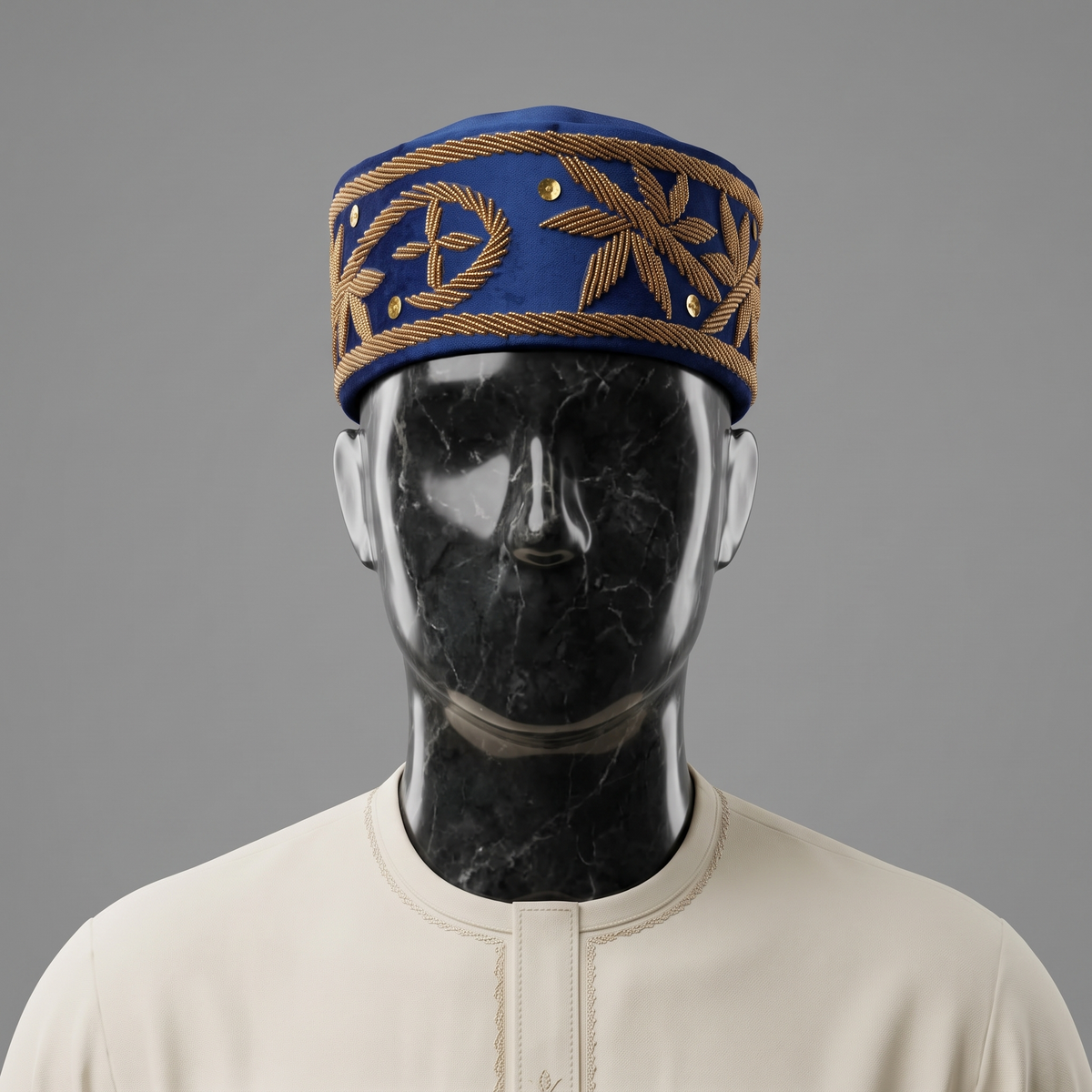 Hand-Beaded Nigerian Blue & Gold Velvet Cap
