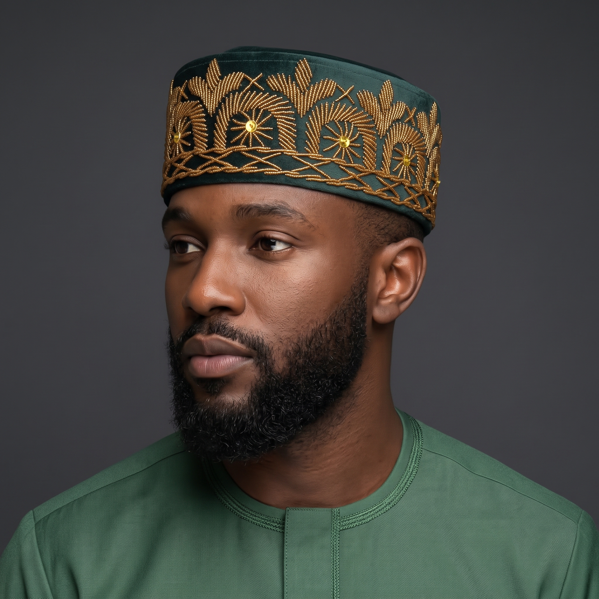 Hand-Beaded Nigerian Green Velvet Cap