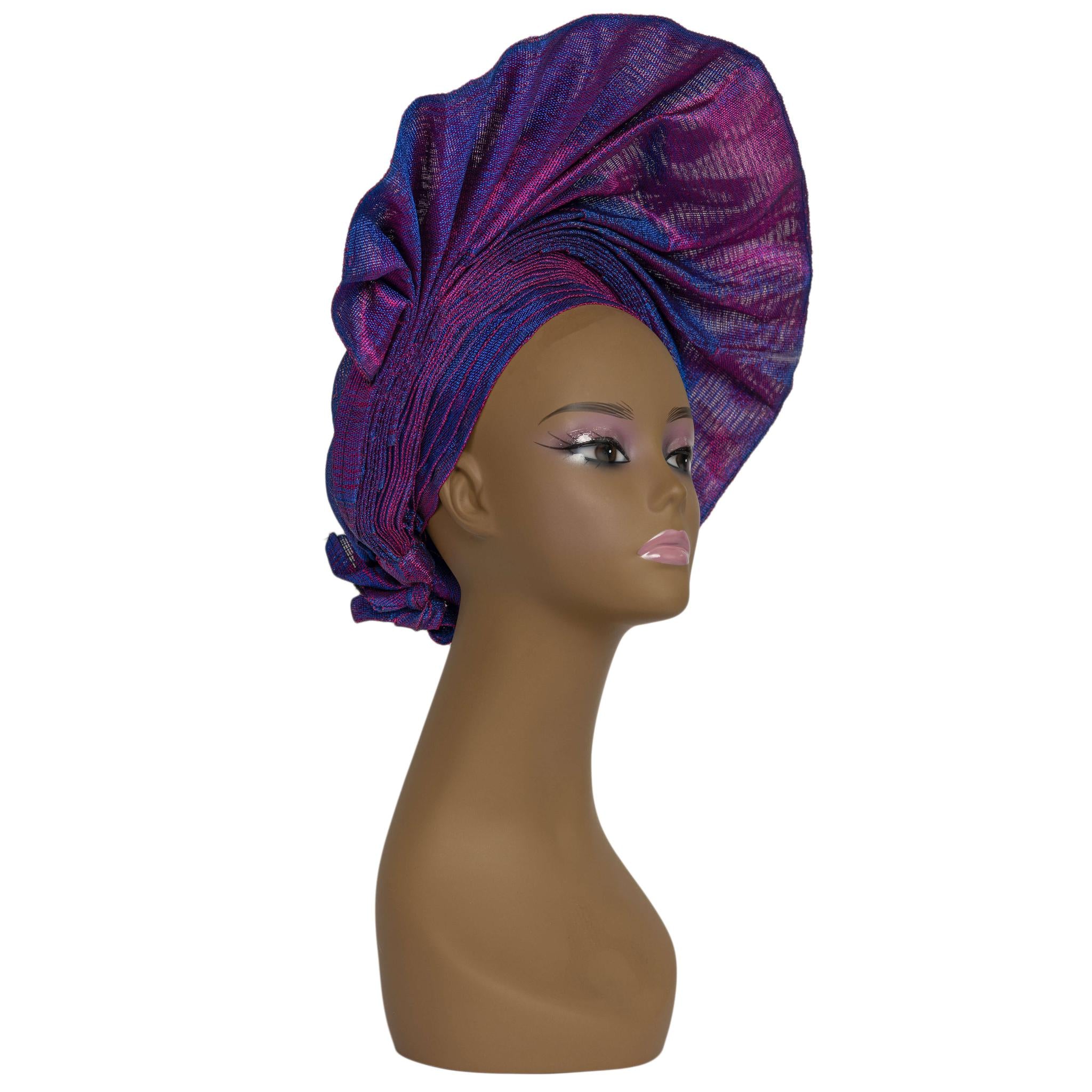 Blue & Pink Aso Oke Auto Gele