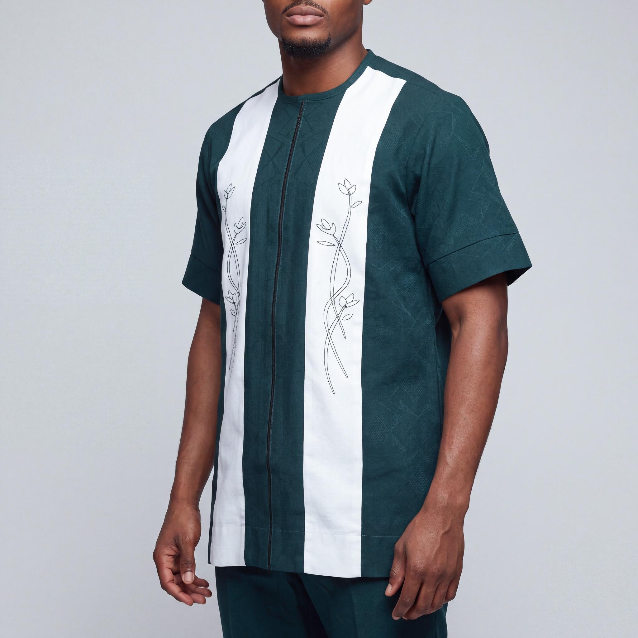 Deep Green & White Floral Embroidered Short-Sleeve
