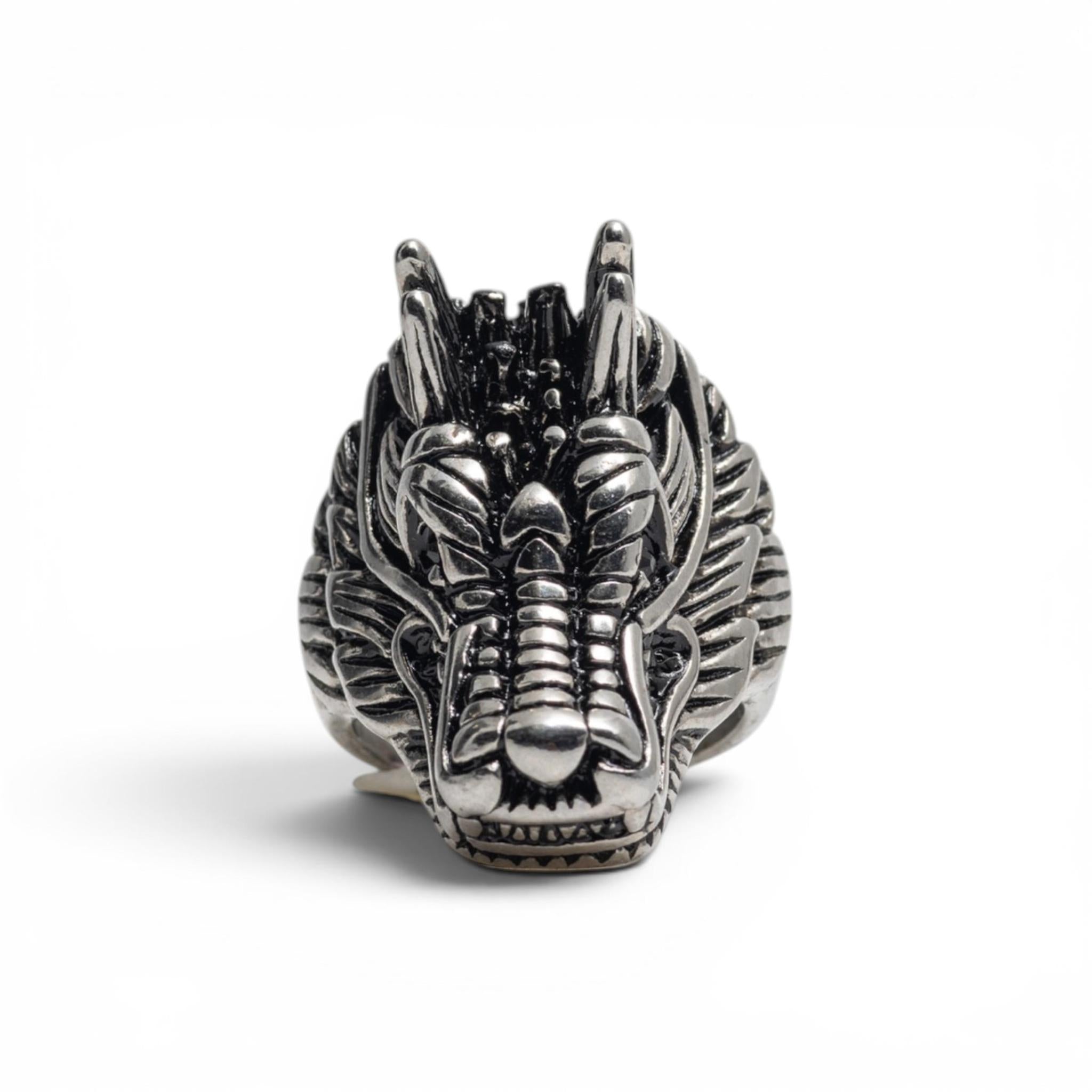 Antiqued Silver-Tone Mythical Dragon Statement Ring