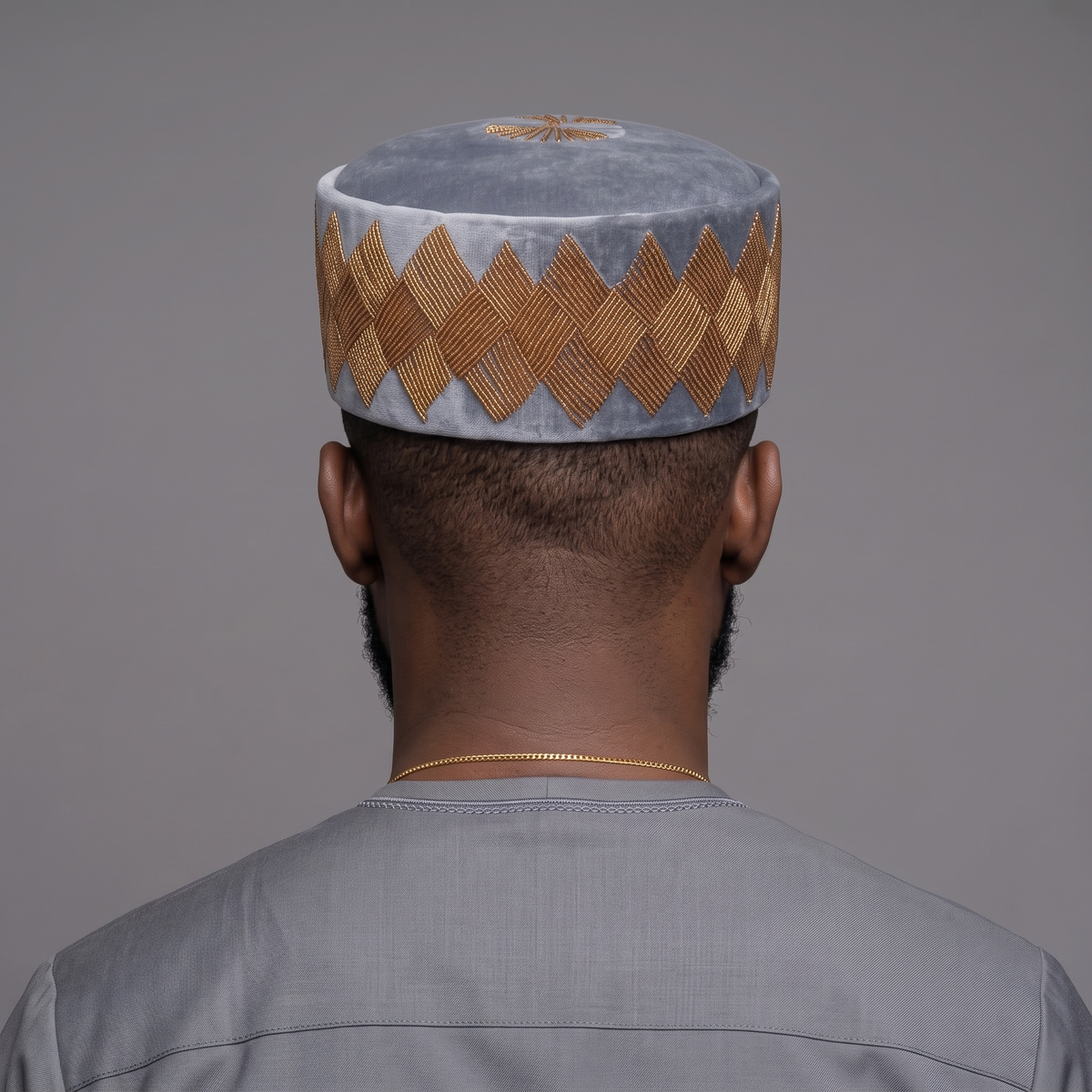 Hand-Beaded Nigerian Grey & Gold Velvet Cap