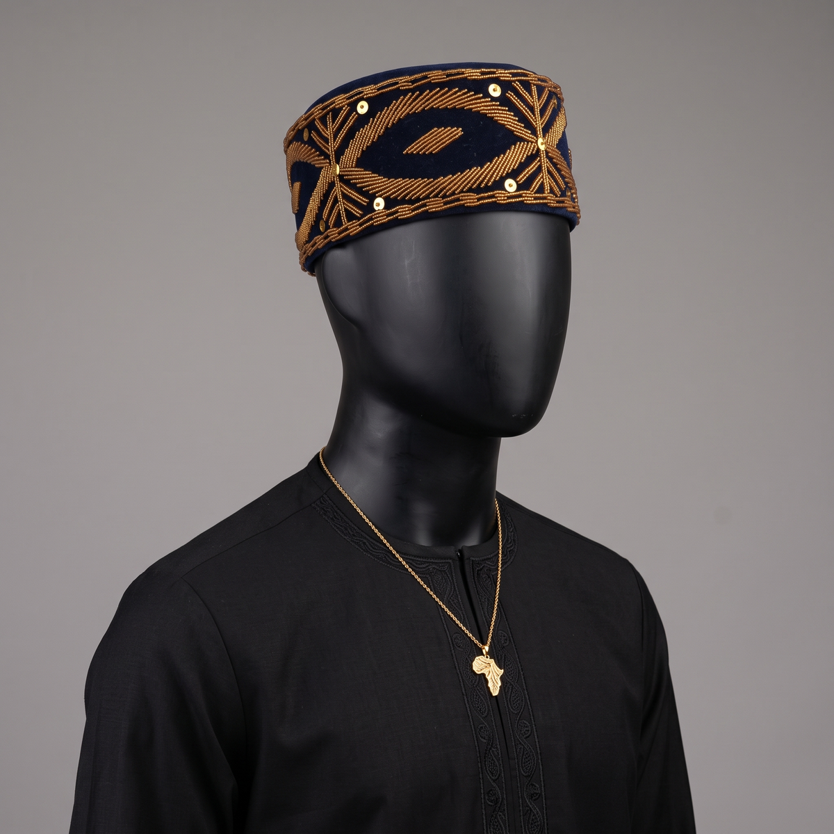 Handcrafted Midnight Navy Velvet Cap with Geometric Gold Beadwork & Sequins