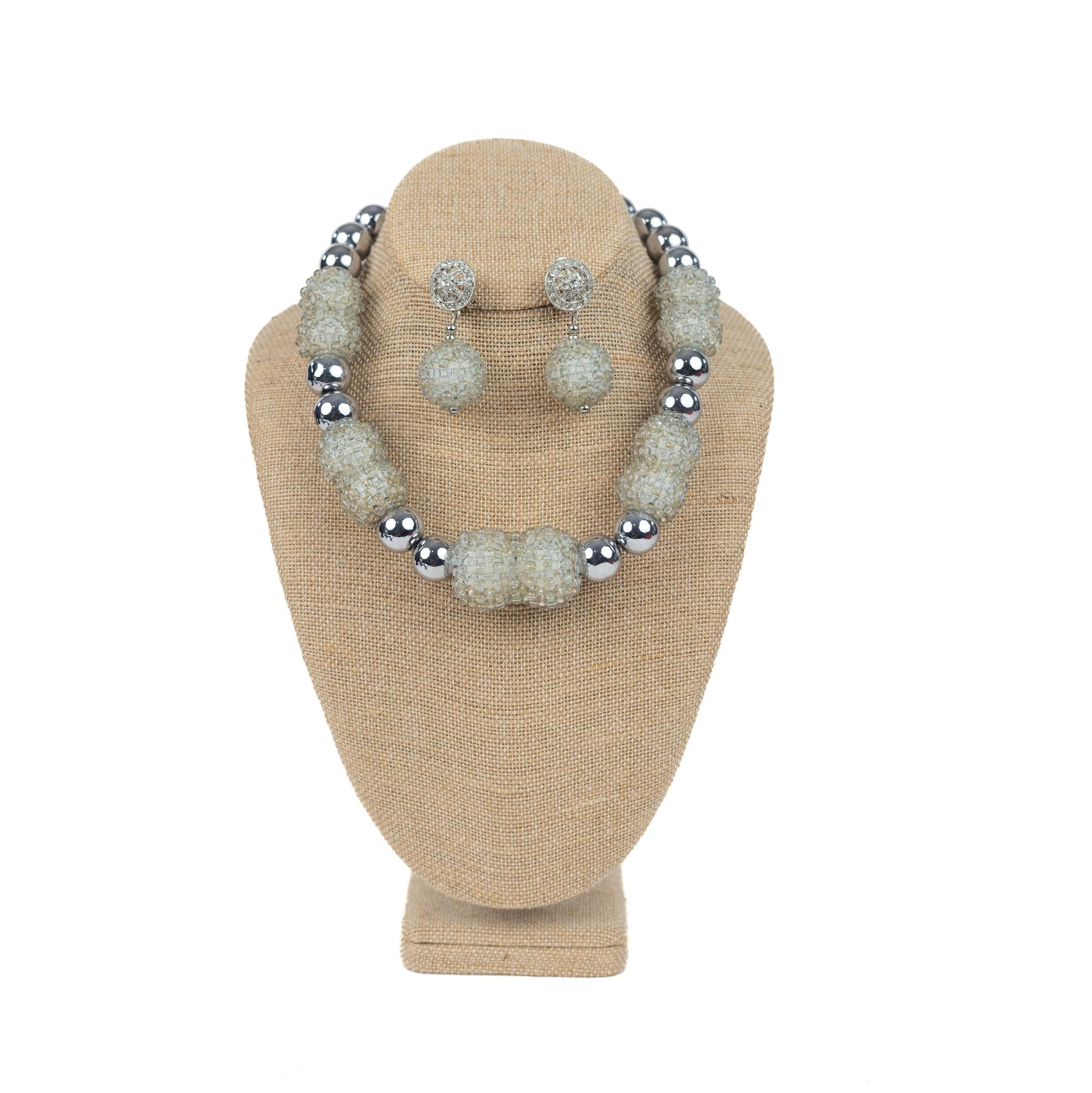 Silver Ball Elegant Frosted Crystal & Polished Silver Bead Jewelry Set