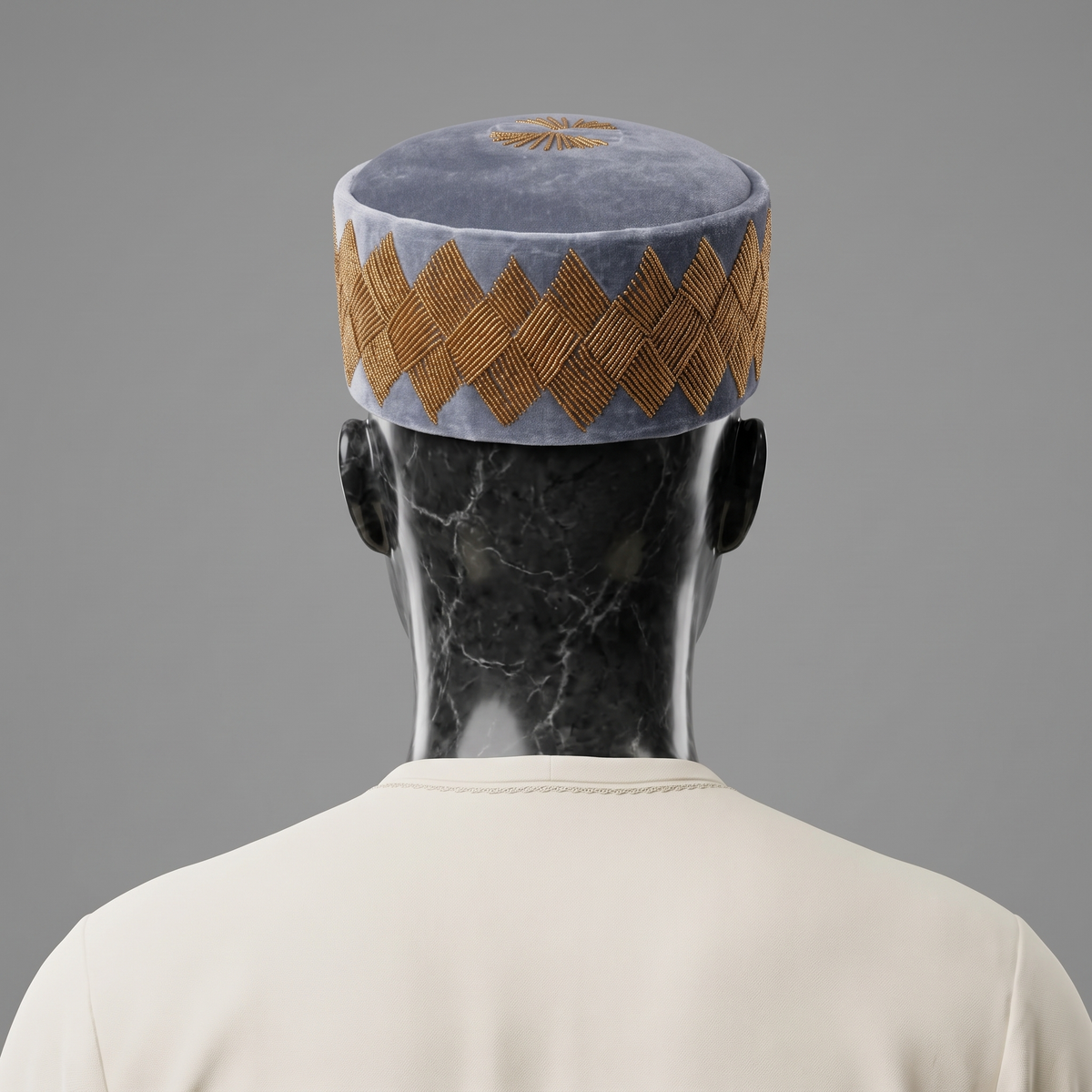 Hand-Beaded Nigerian Grey & Gold Velvet Cap
