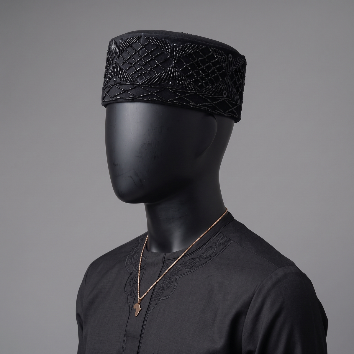 Onyx Black Velvet Cap with Tonal Geometric Beadwork