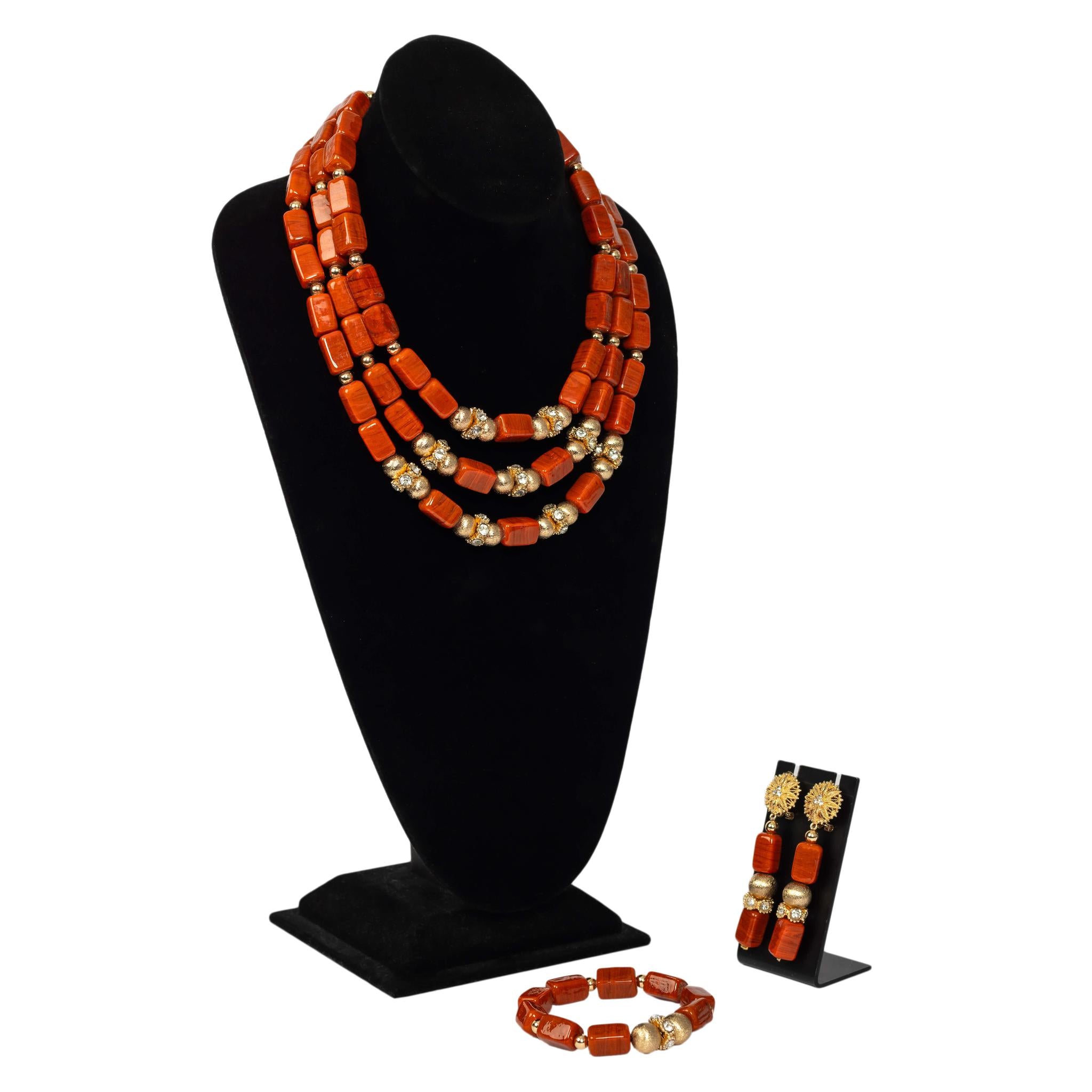 Ceramic Three Row Coral Bead Choker Women Set
