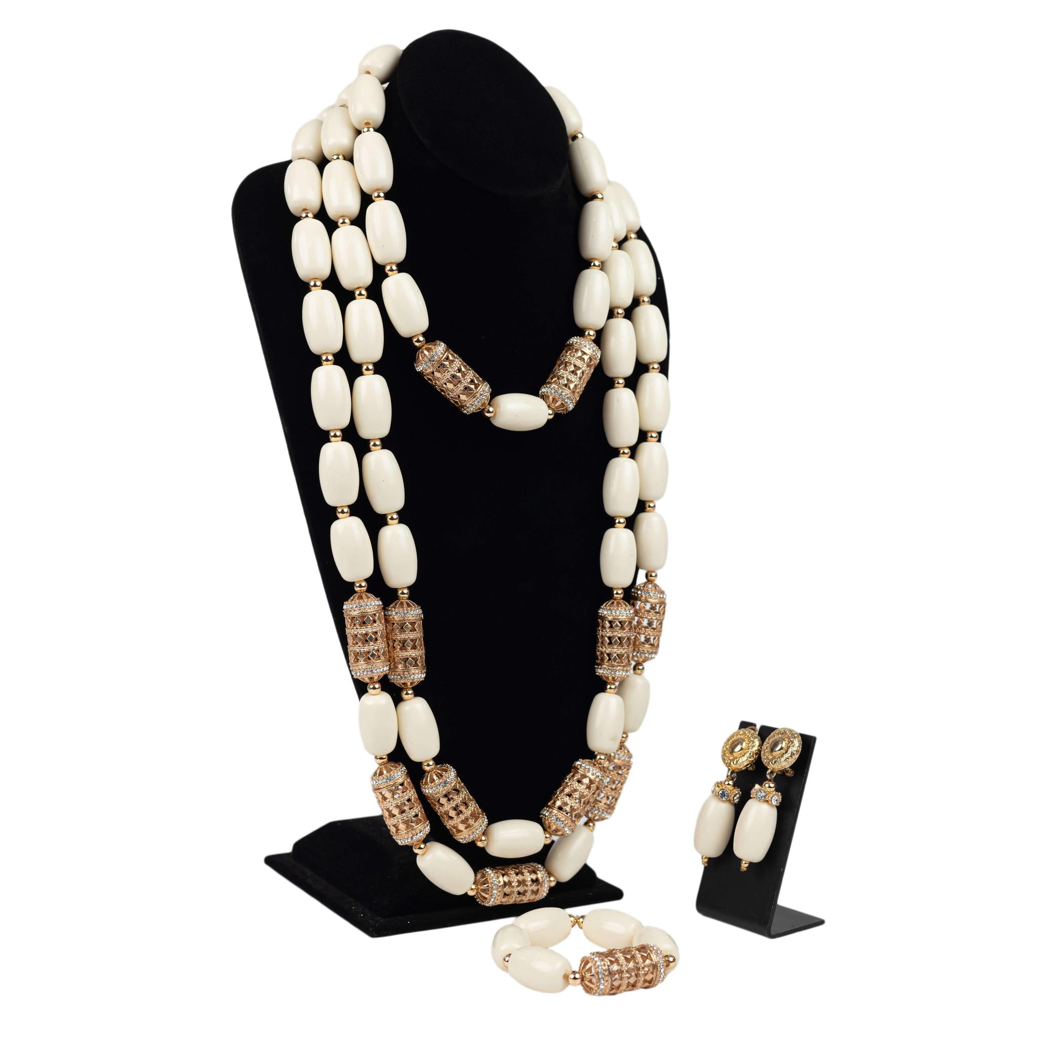 Ivory & Gold Elegance: Double-Strand Statement Jewelry Set