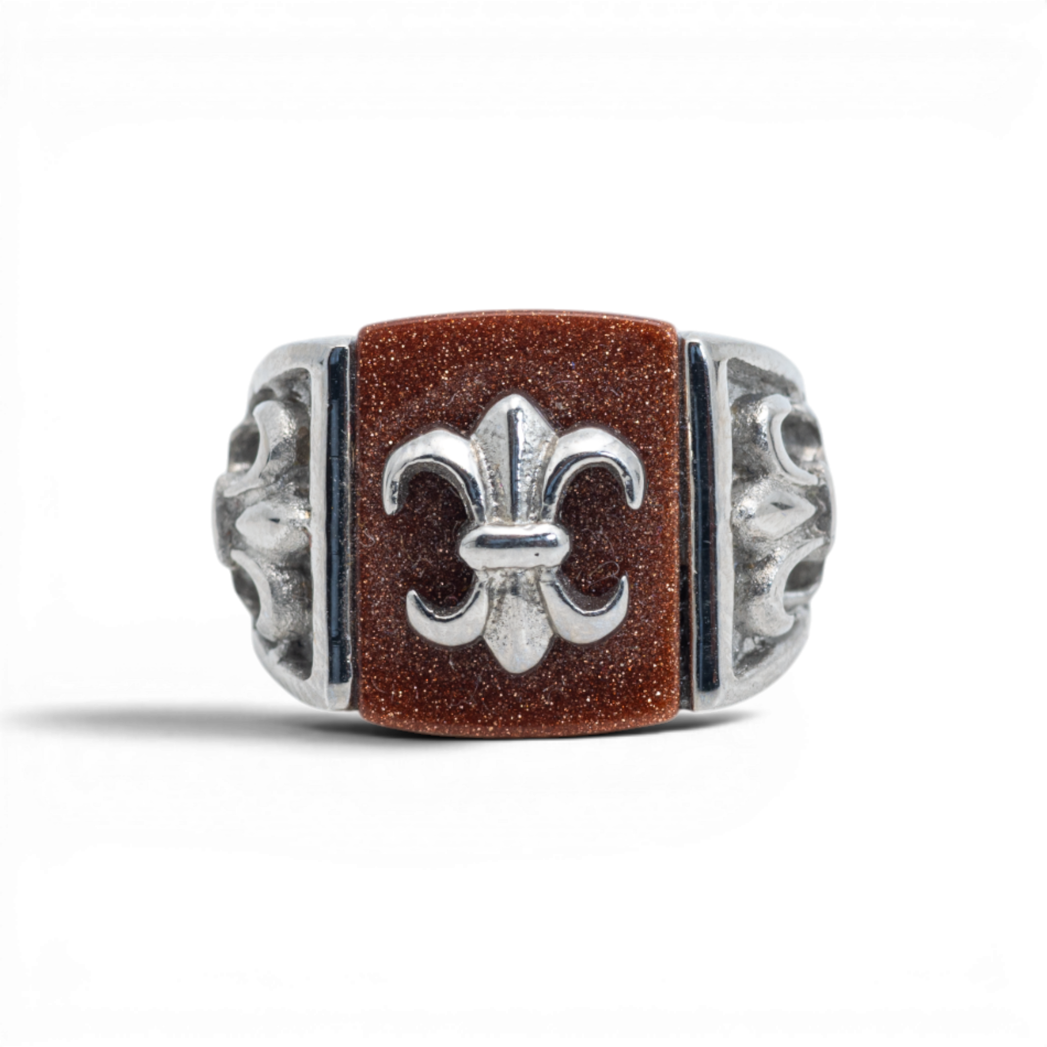 Silver-Tone Fleur-de-Lis Goldstone Signet Ring