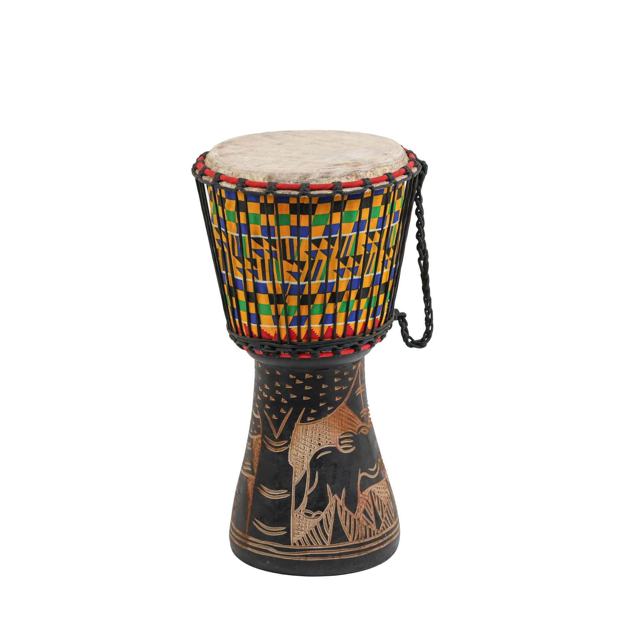 Kente Elephant Wood Carving - Djembe Drum - Small