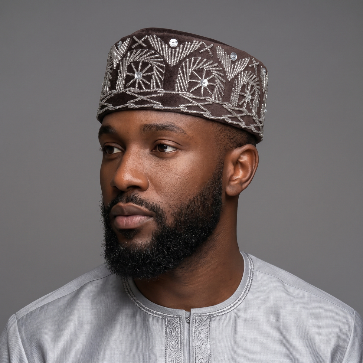 Brown Velvet Beaded Cap