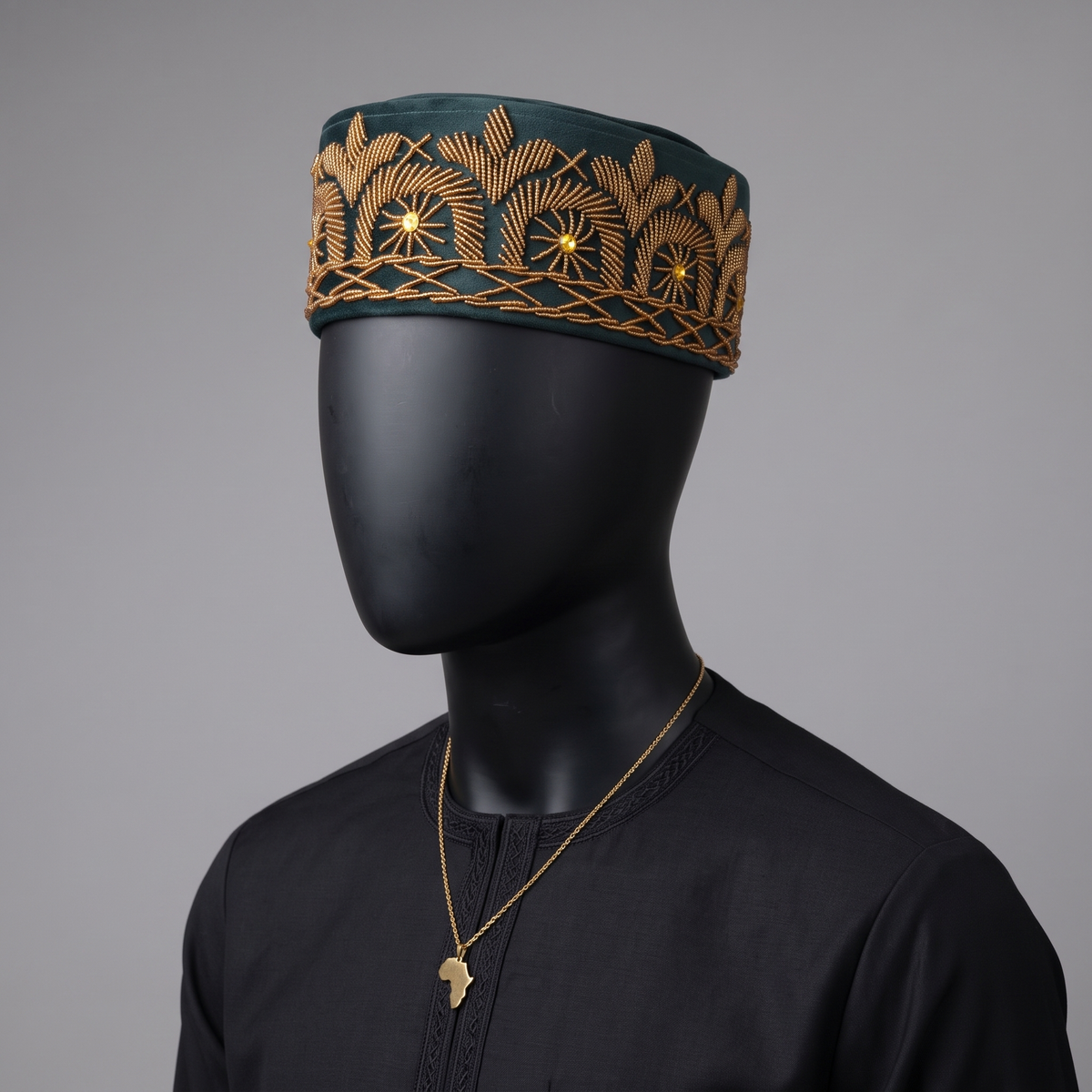 Hand-Beaded Nigerian Green Velvet Cap