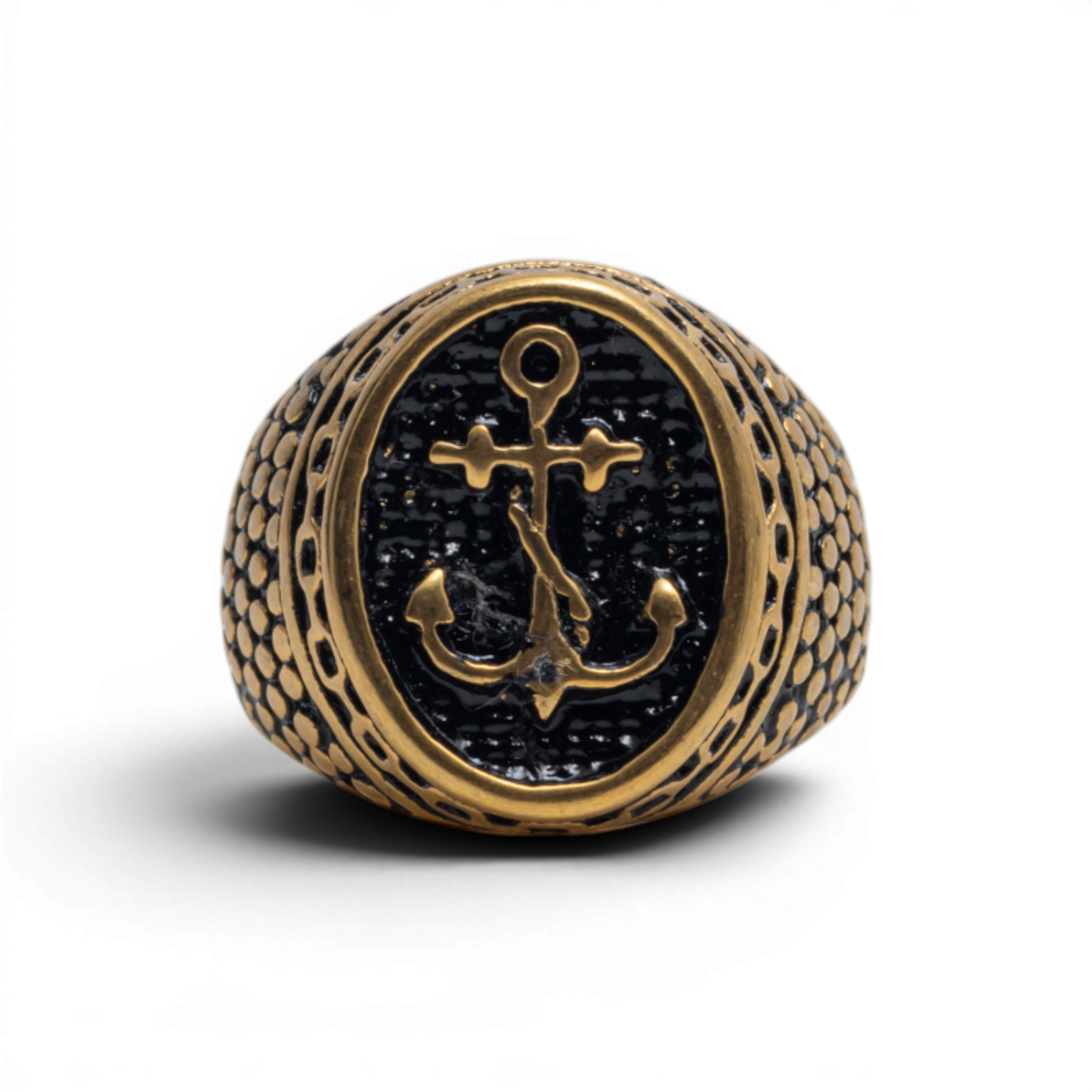 Antiqued Gold-Tone Nautical Anchor Signet Ring