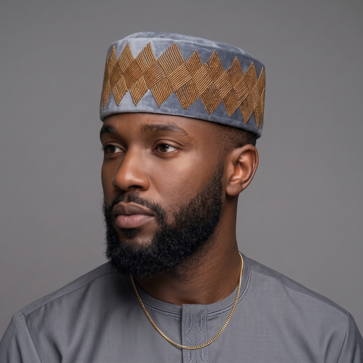 Hand-Beaded Nigerian Grey & Gold Velvet Cap
