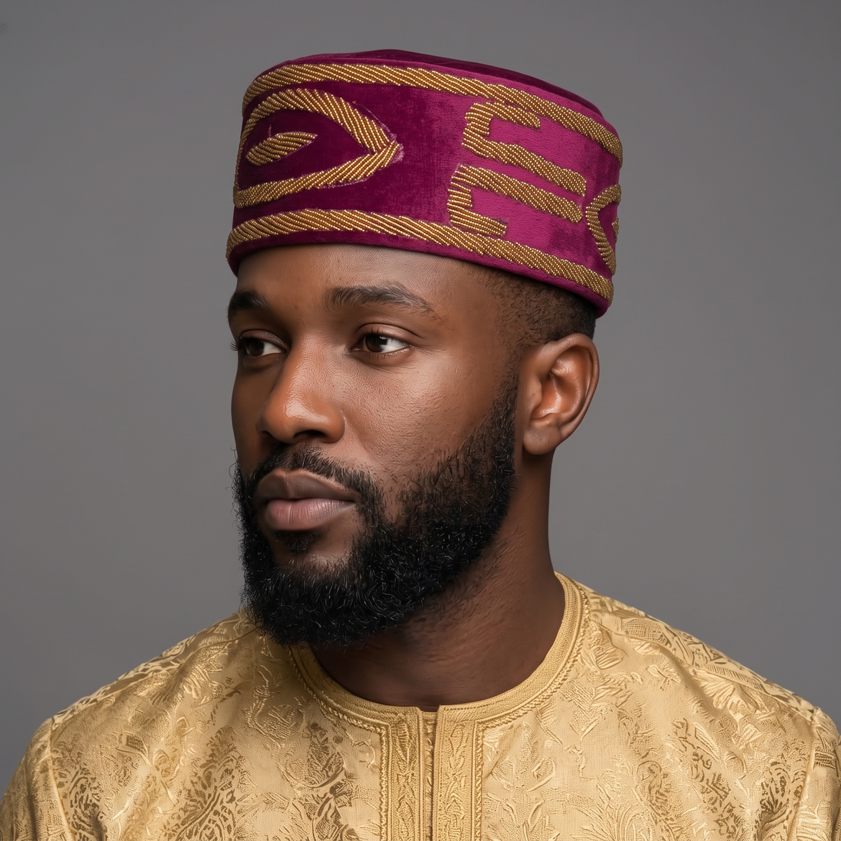 Hand-Beaded Nigerian Burgundy Velvet Cap